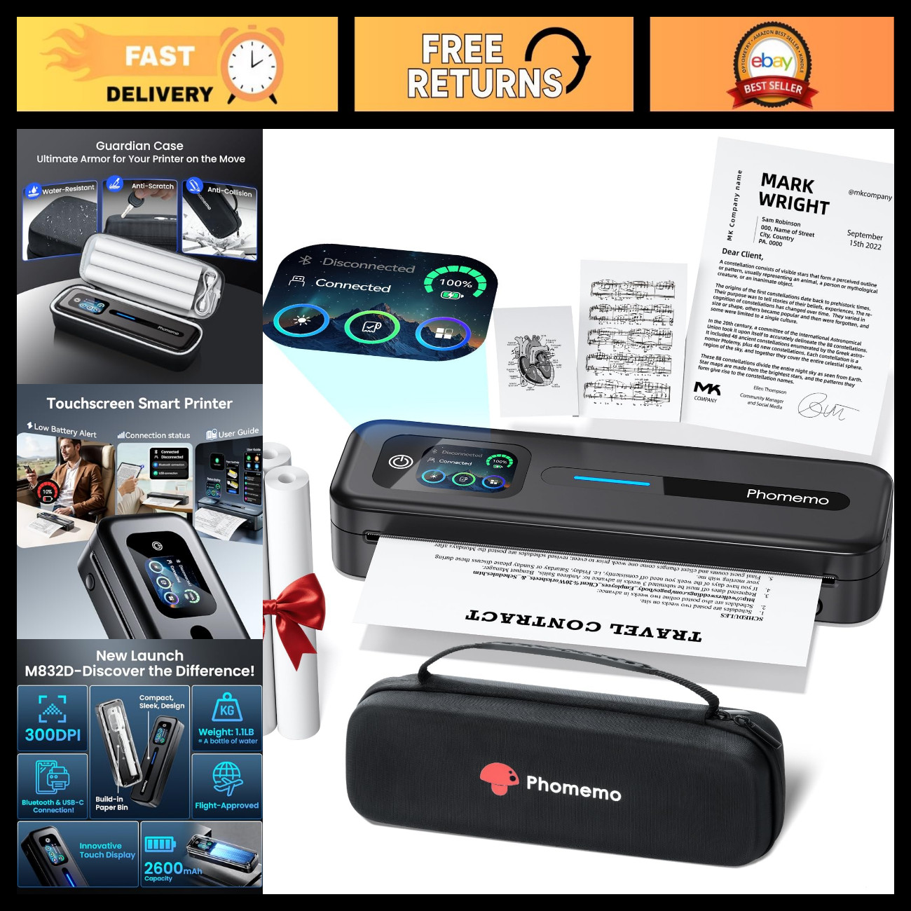 Inkless Portable Printer with Touchscreen, Case & 3 Rolls of Paper - Compact & V