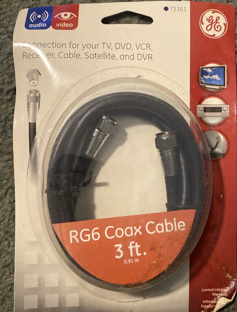 73361 3' Black Video RG8 Coax Cable With Silver Ends GE Jasco 