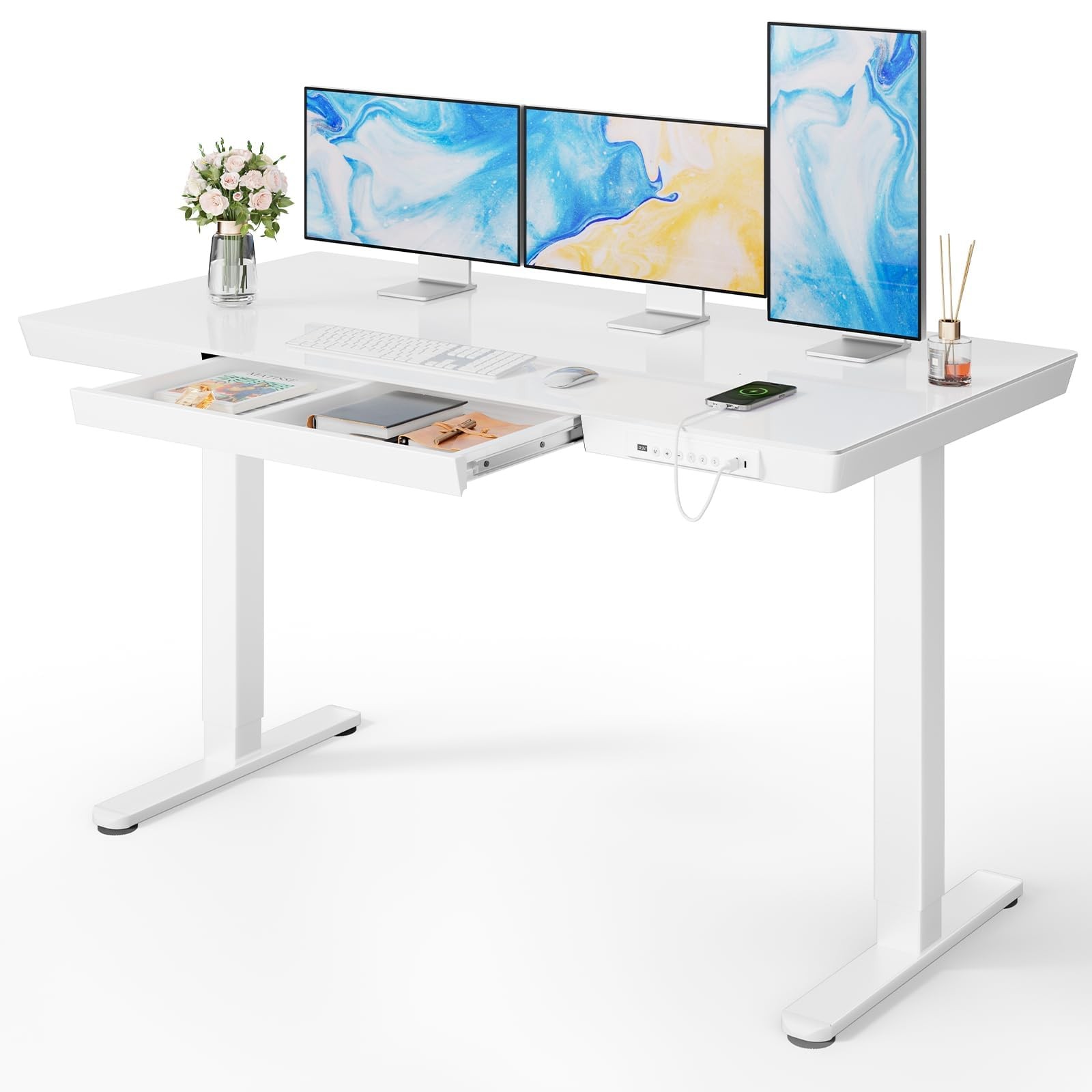 Electric Standing Desk 55 x 28 Inch Glass White MSESD9W-US Marsail