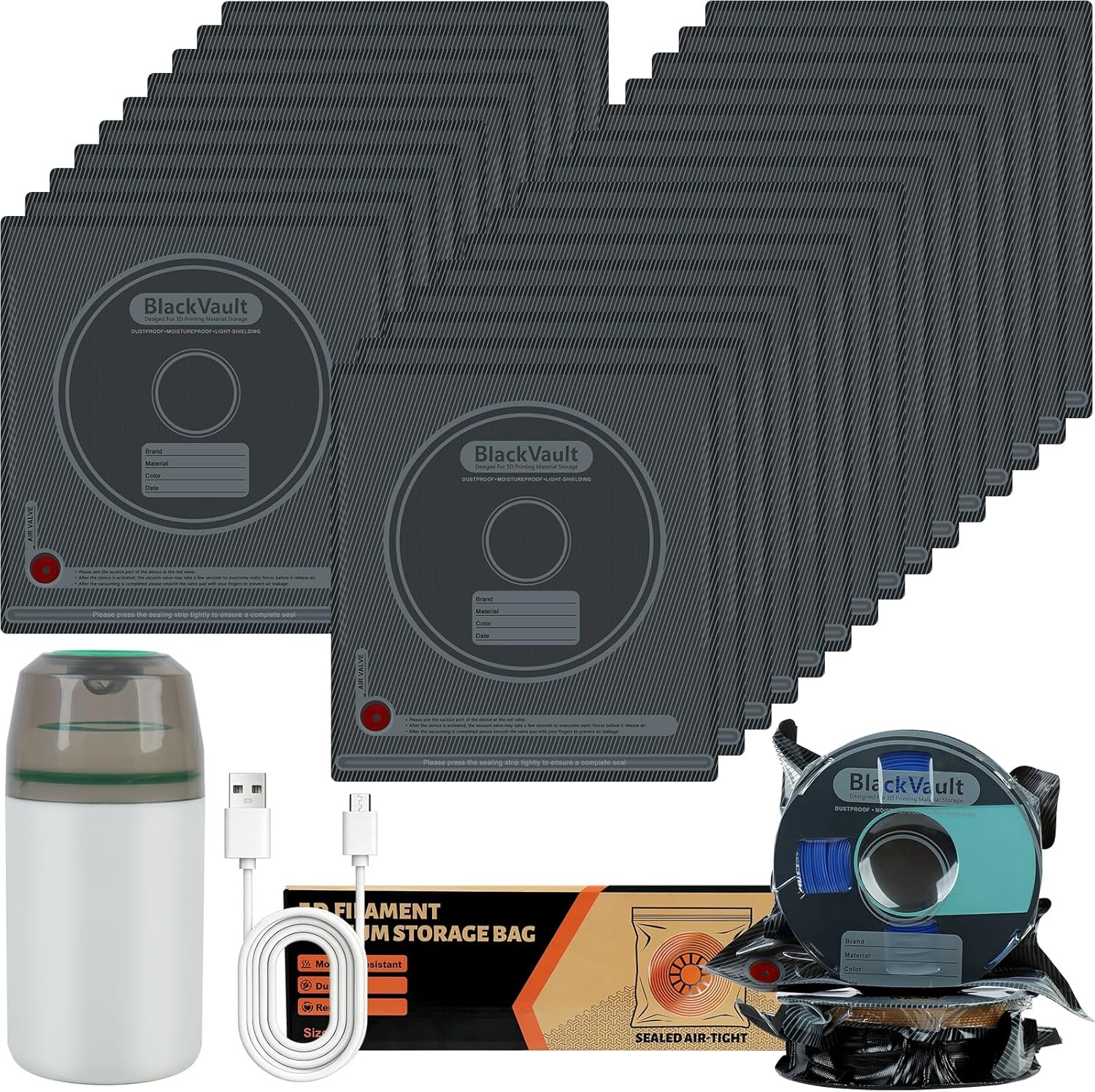 25 Pcs 3D Filament Vacuum Storage Bags Kit with 5 Sealing Clip and 1Pump PA/DP/P