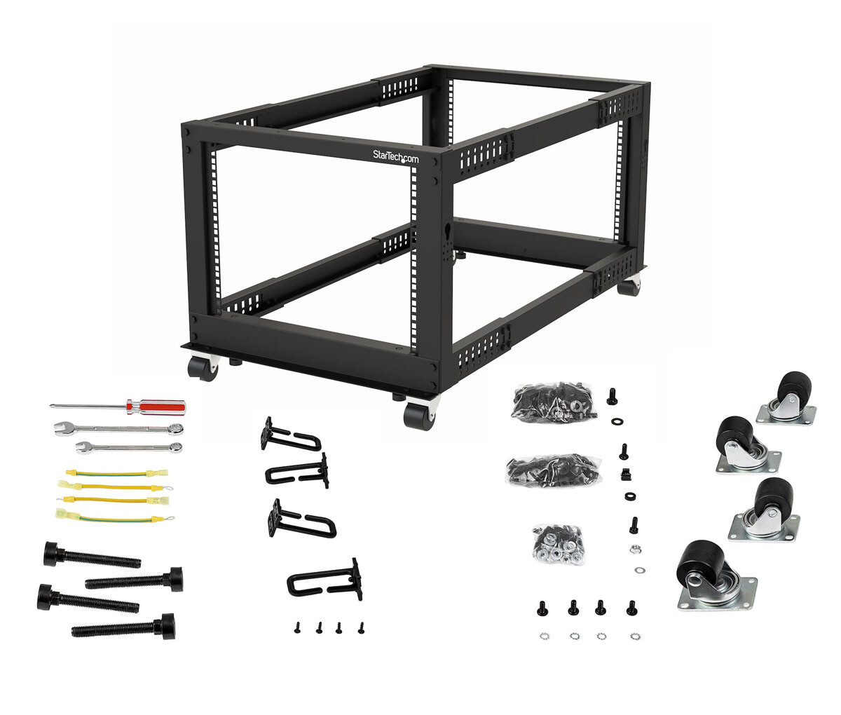 StarTech 4-Post 8U Mobile Open Frame Server Rack, 19 in Network Rack w/ Wheels