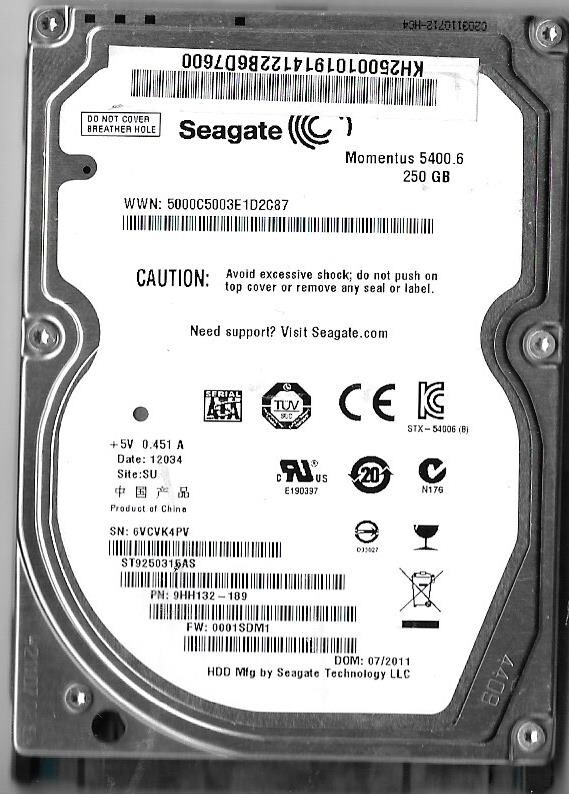 Seagate ST9250315AS 250GB Sata Hard Drive P/N: 9HH132-189 F/W: 0001SDM1  6VC  SU
