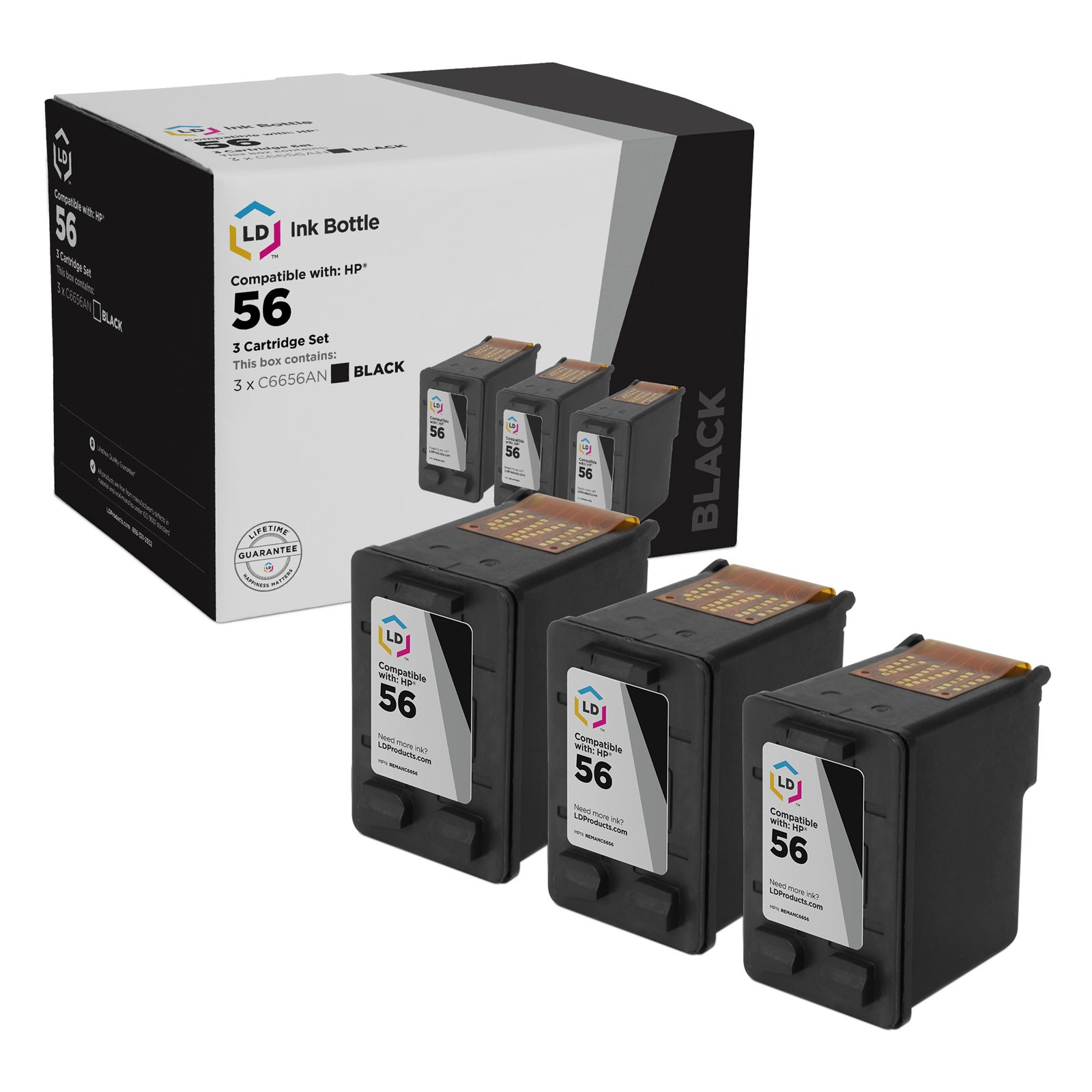 LD Replacement Replacement Ink Cartridges for HP C6656AN (HP 56) Black (3 pack)