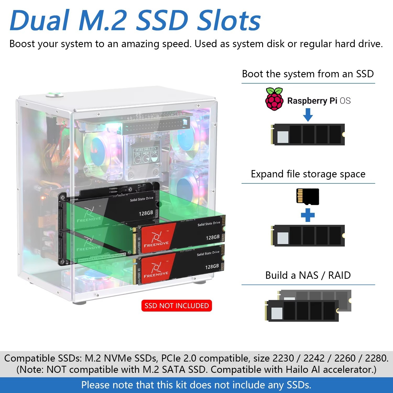 Freenove Raspberry Pi 5 Case Kit Pro, M.2 NVMe SSD Slots, RGB Fans, OLED