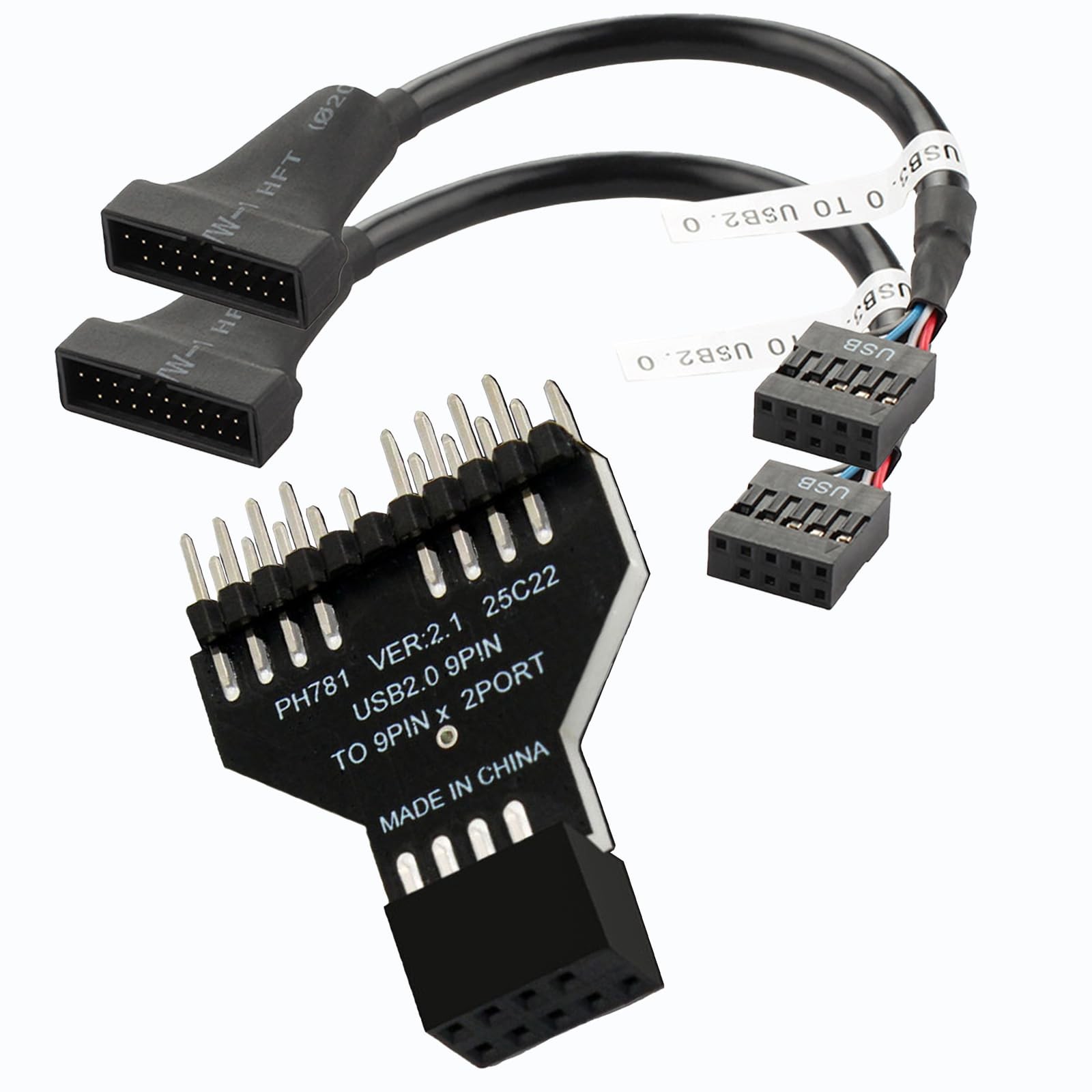 1 Set USB 2.0 9Pin Header Splitter Adapter 1 to 2 Hub 19Pin Cables 2Pack