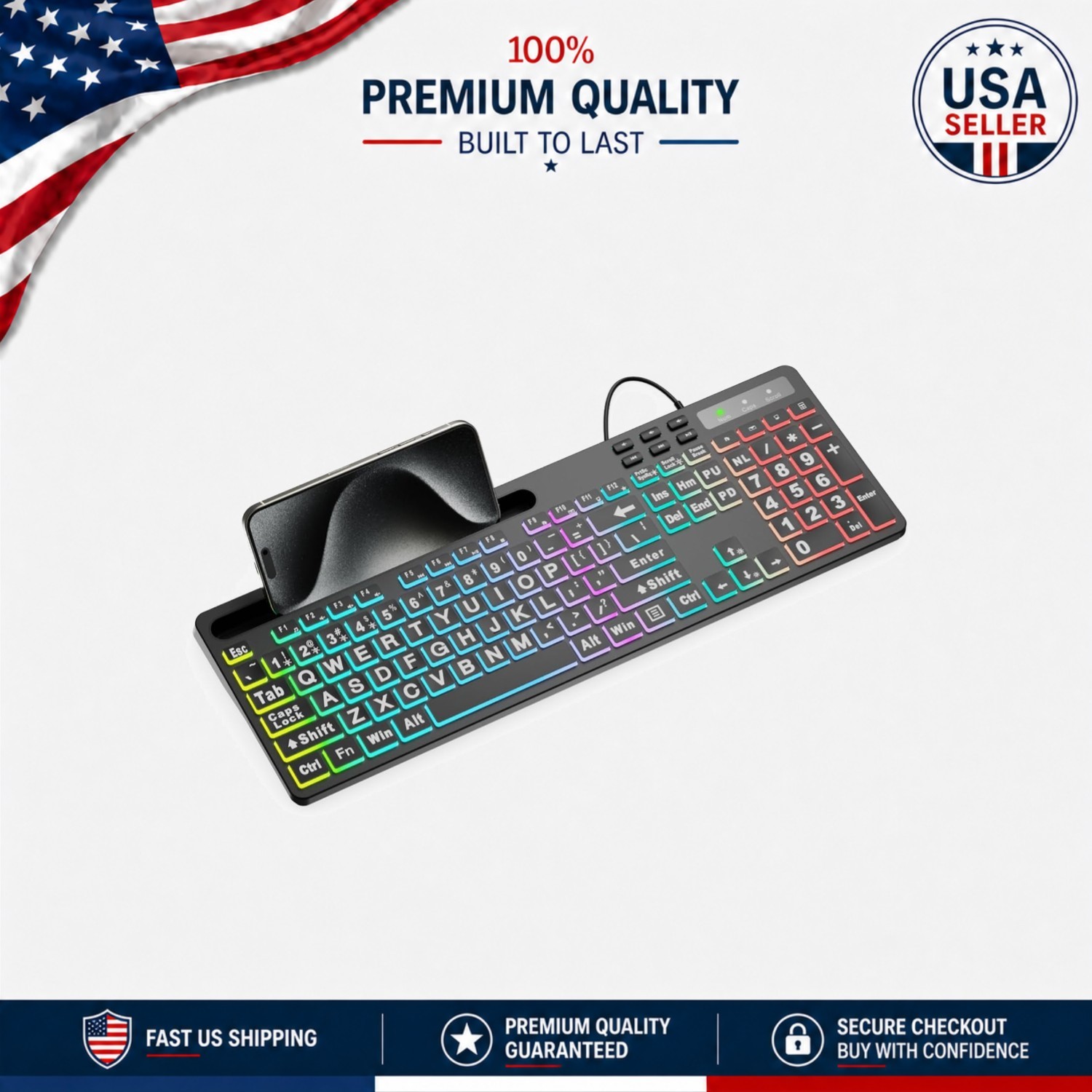 WK712 Full-Size RGB Backlit Keyboard with Phone Holder - Quiet & Stylish
