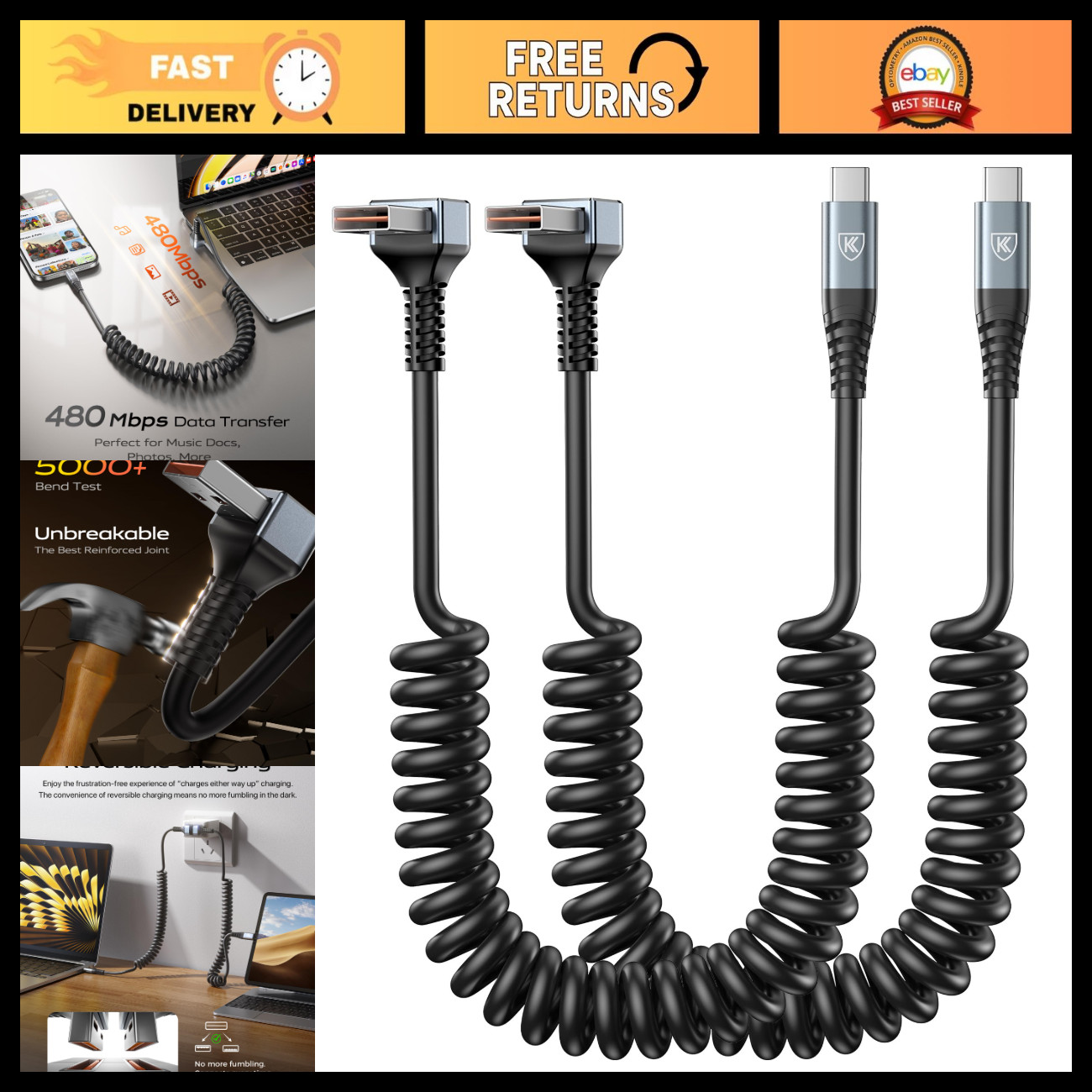Coiled 3ft USB A to USB C Cable - 90 Degree Connector, 2-Pack for Car Charging