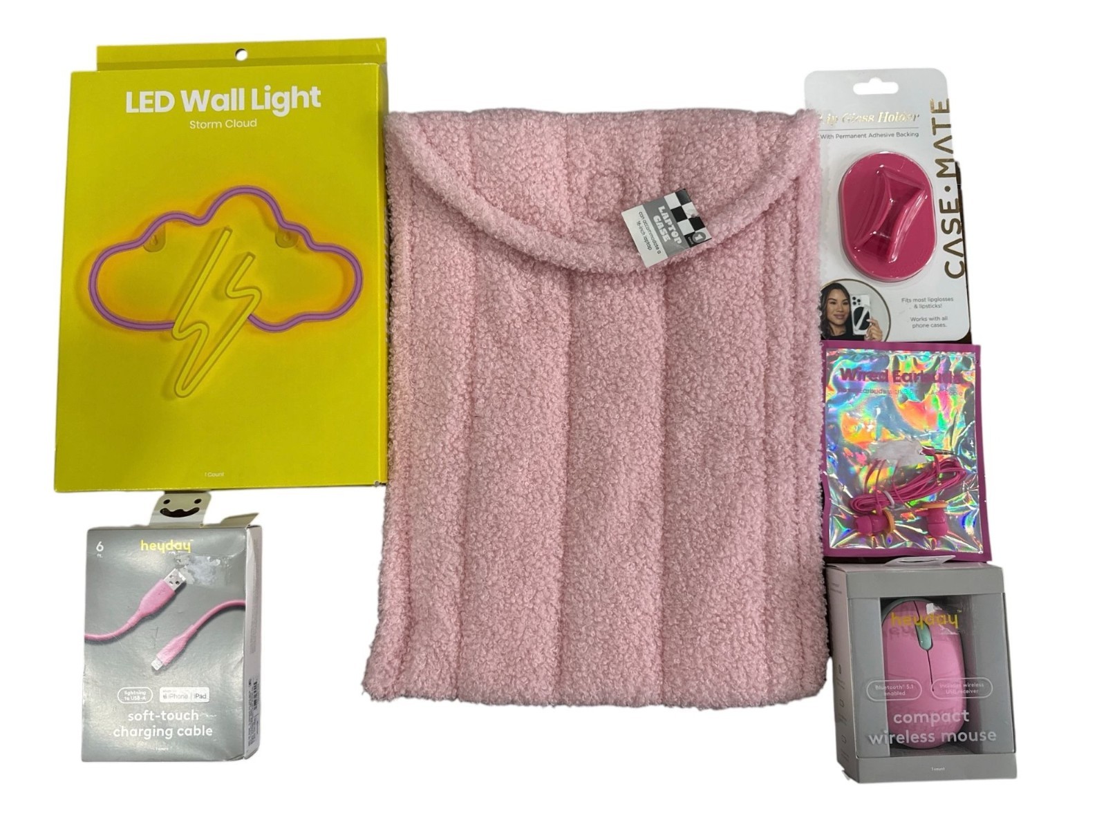 Pink Tech & Accessories Bundle LED Wall Light, 16-Inch Laptop Case, Compact Wire