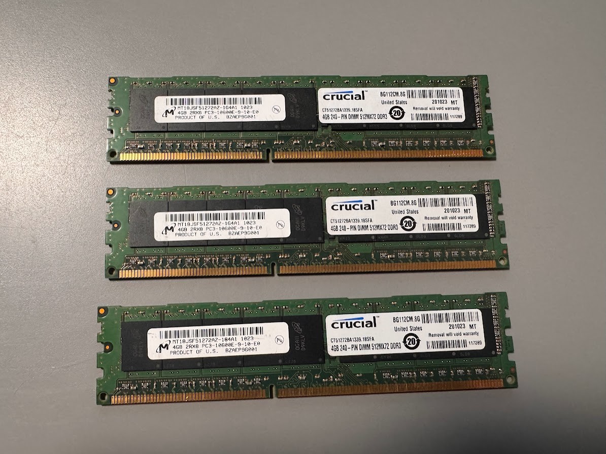 MICRON 3X4GB 2RX8 PC3-10600E 1333MHZ DDR3 RAM MODULE  Crucial 512MX72 DDR3......