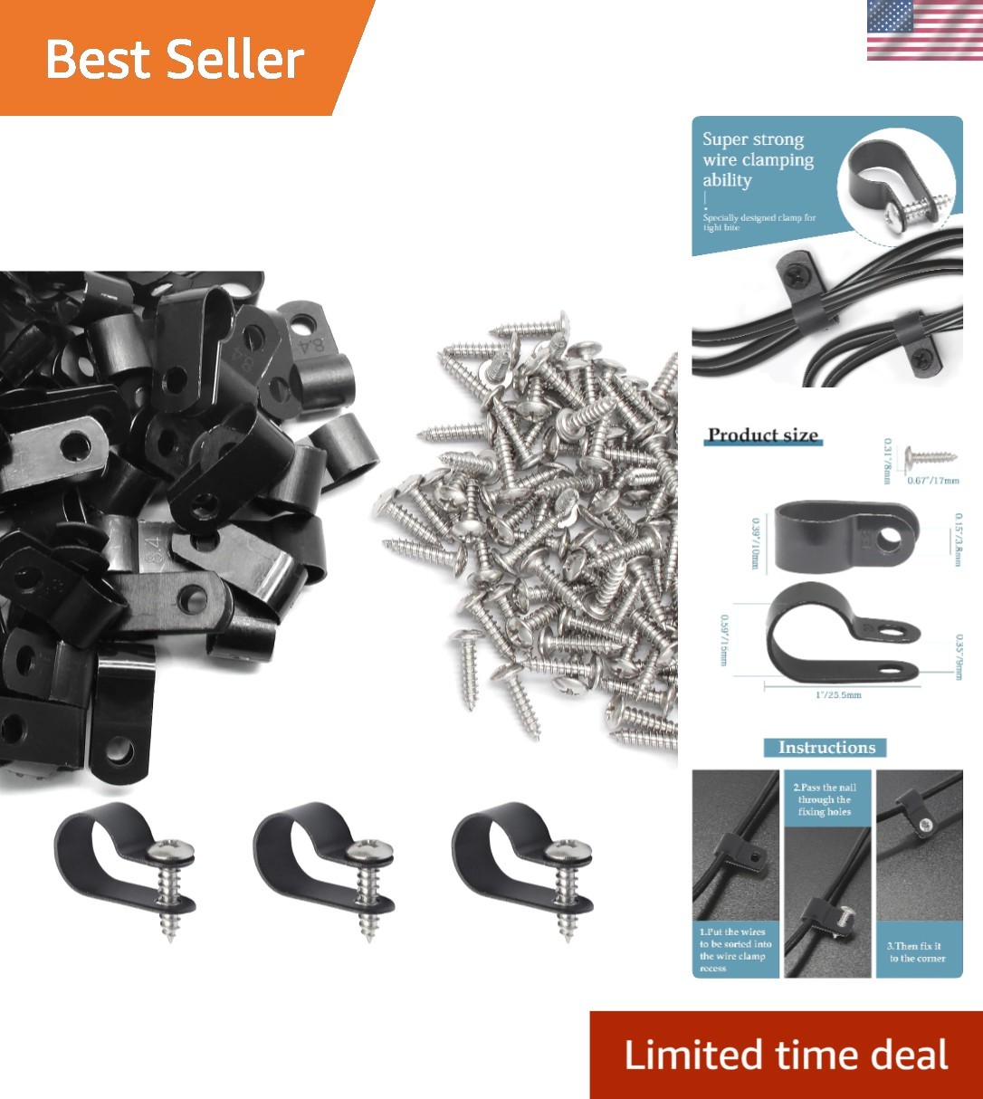 Durable 50 Pcs Black Nylon Cable Clips with Stainless Steel Screws Included