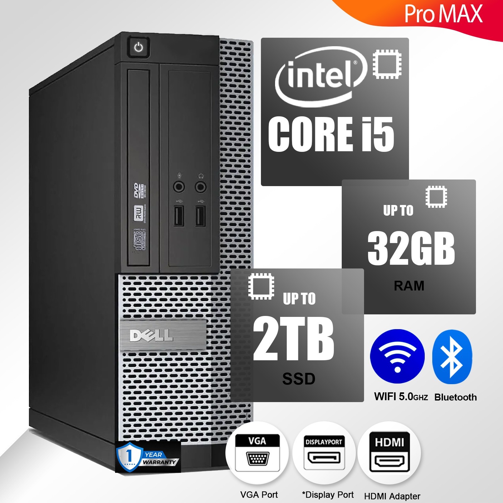 DELL Desktop Computer PC i5, up to 32GB RAM 2TB SSD/HDD, Windows 10/11,DVD-RW