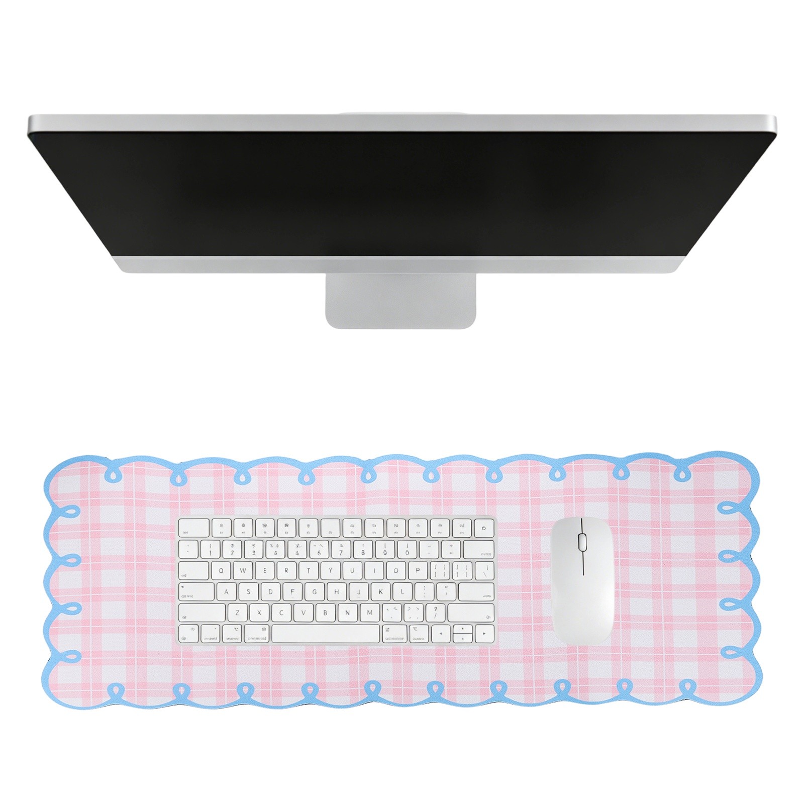 Scalloped Desk Mat, 31.5 x 11.8" Checkered Large Mouse Pad, Mix Pink Blue