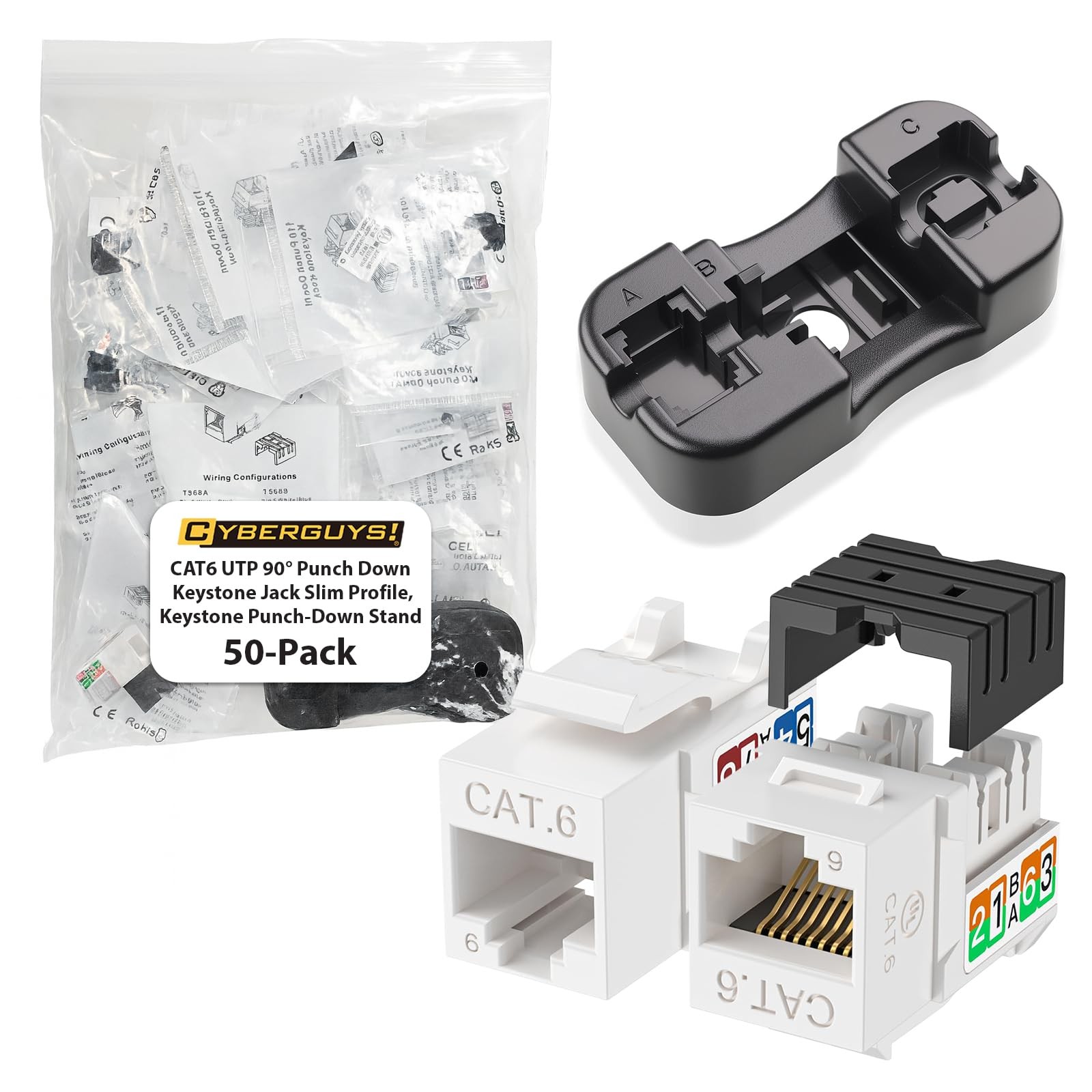 Slim Profile Cat6 UTP 90° PunchDown RJ45 Keystone Jacks Bulk 50Pack