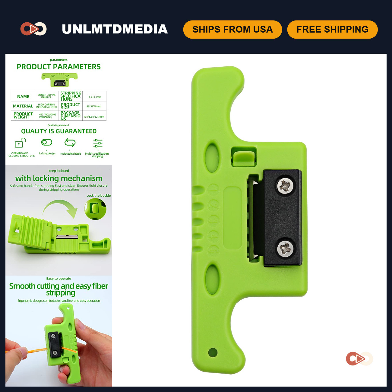 Fiber Optic Stripping Tool for Loose Tube & Mid-Span Access, 1.9mm-3.3mm, Green