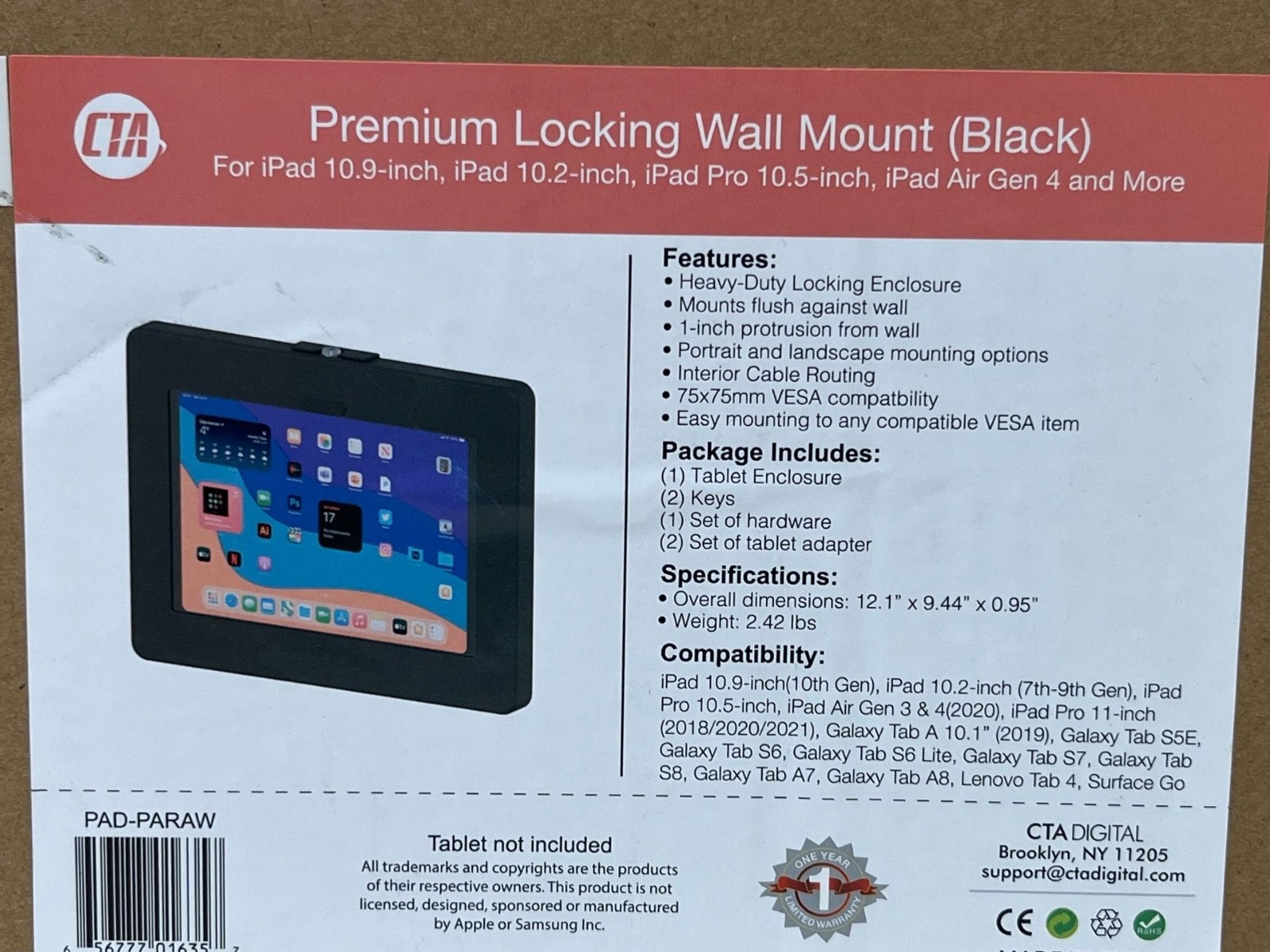CTA PD-PARAW Premium Locking Wall Mount iPad and Samsung 10” to 11” Tablets