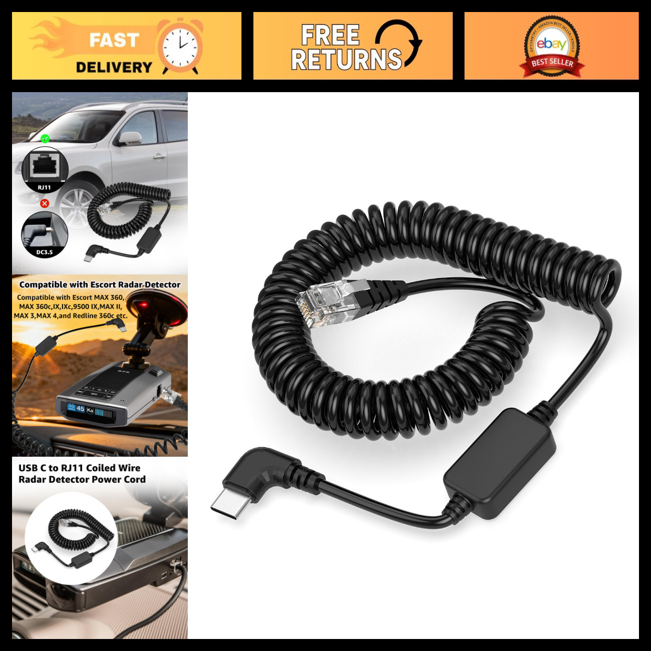 Coiled USB C to RJ11 Cable for Radar Detector Power Supply - 12V Charger Cord