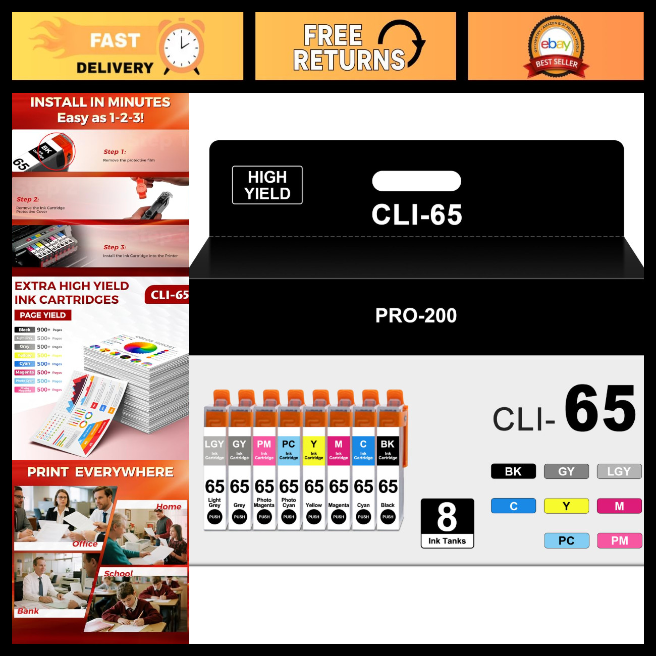 8-Pack CLI-65 Ink Cartridges Compatible for Canon PRO-200 & 200S Printers