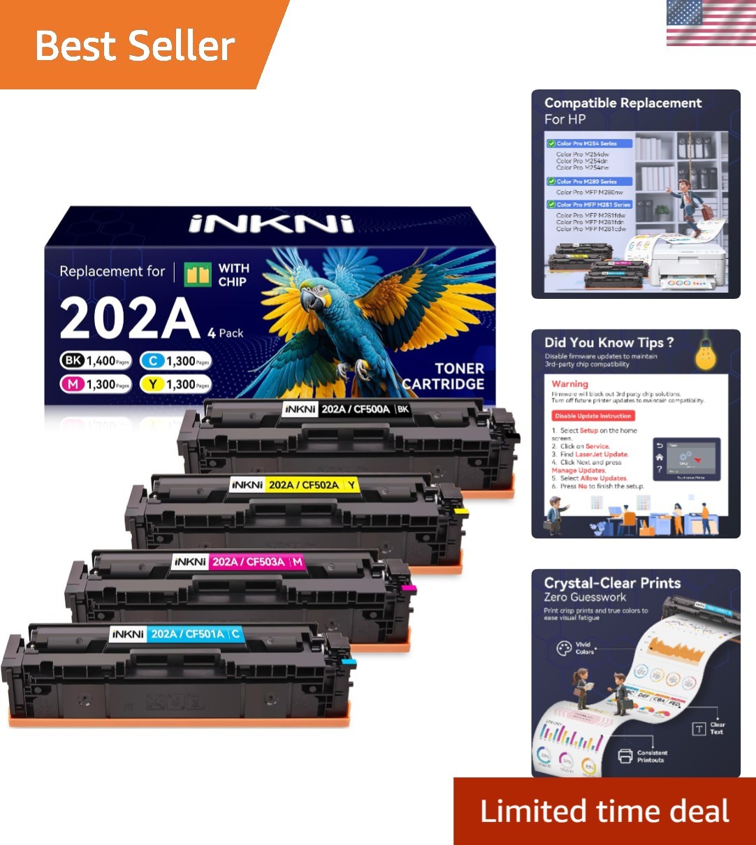 202A Toner Cartridges - 4 Pack with Built-In Chip for Easy Printing Experience