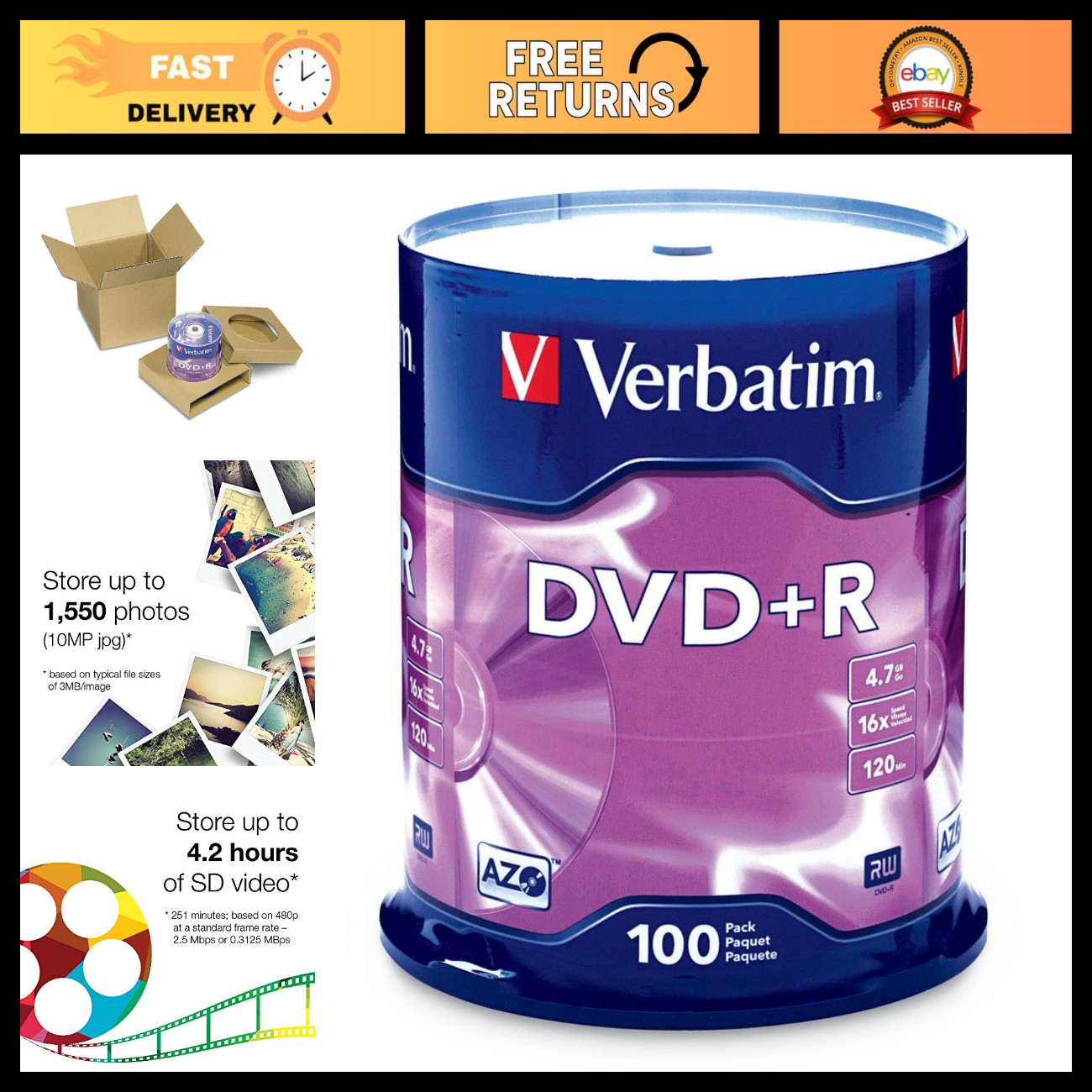 100 Pack DVD+R 4.7GB 16X Recordable Discs with AZO Dye - High-Quality Media