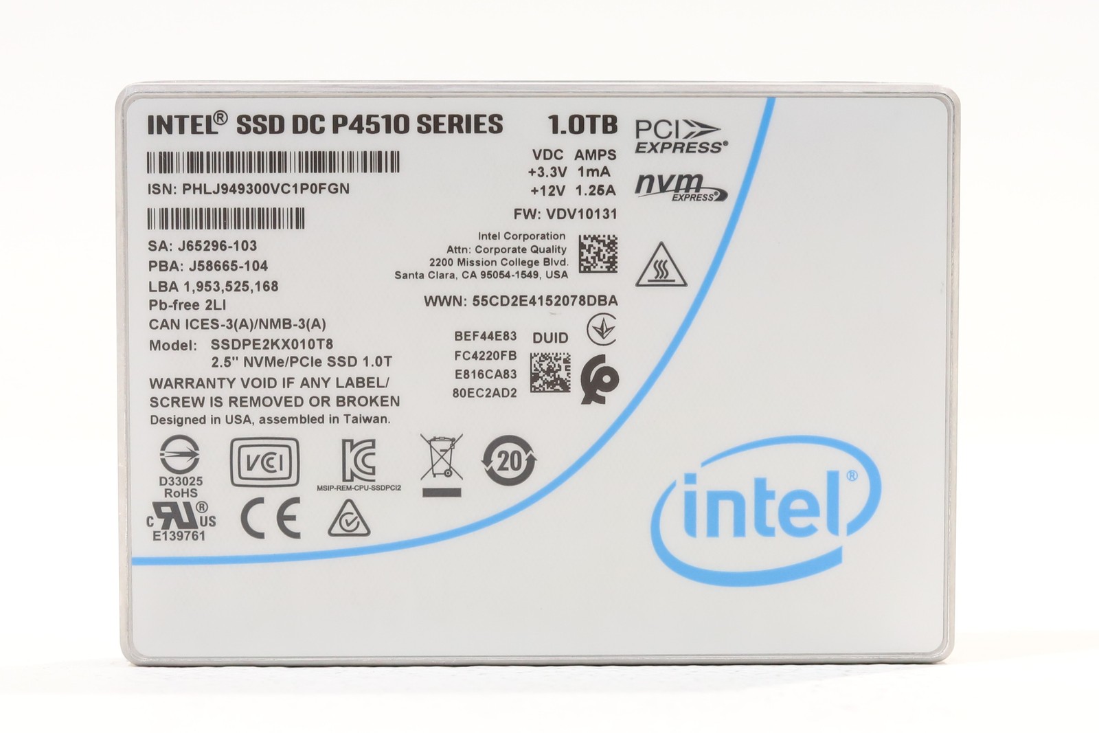 Intel SSDPE2KX010T8DC P4510 Series 1TB 2.5" PCIe x4 NVMe SSD P/N: J58665-104