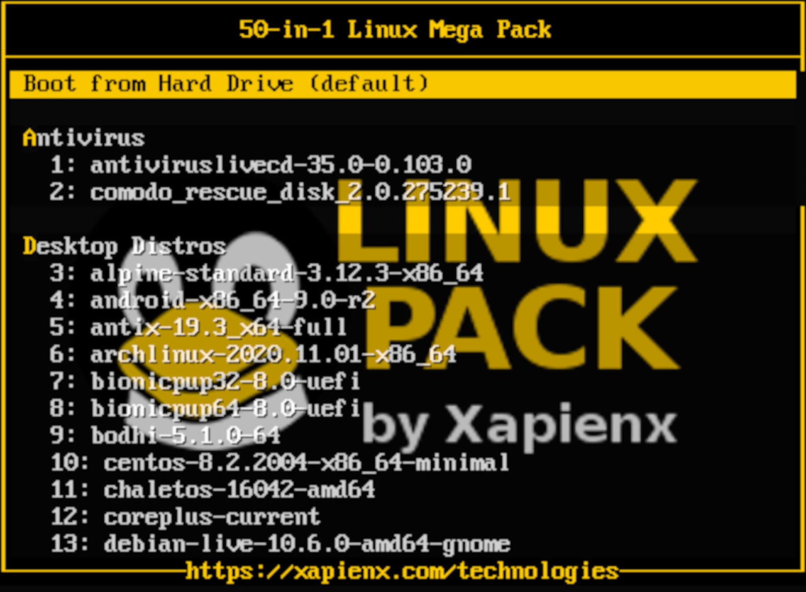 64 in 1 Linux Mega Pack Distro Collection Live USB Multiboot BIOS/UEFI