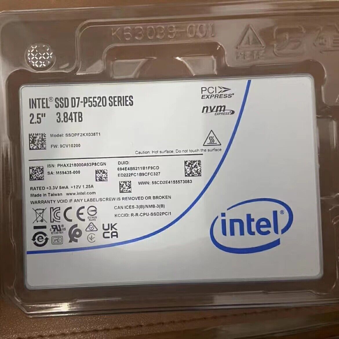 Intel P5520 3.84TB SSD SSDPF2KX038T1N1 2.5 inch U.2 PCIe 4.0 x4 NVMe 7.0 PBW