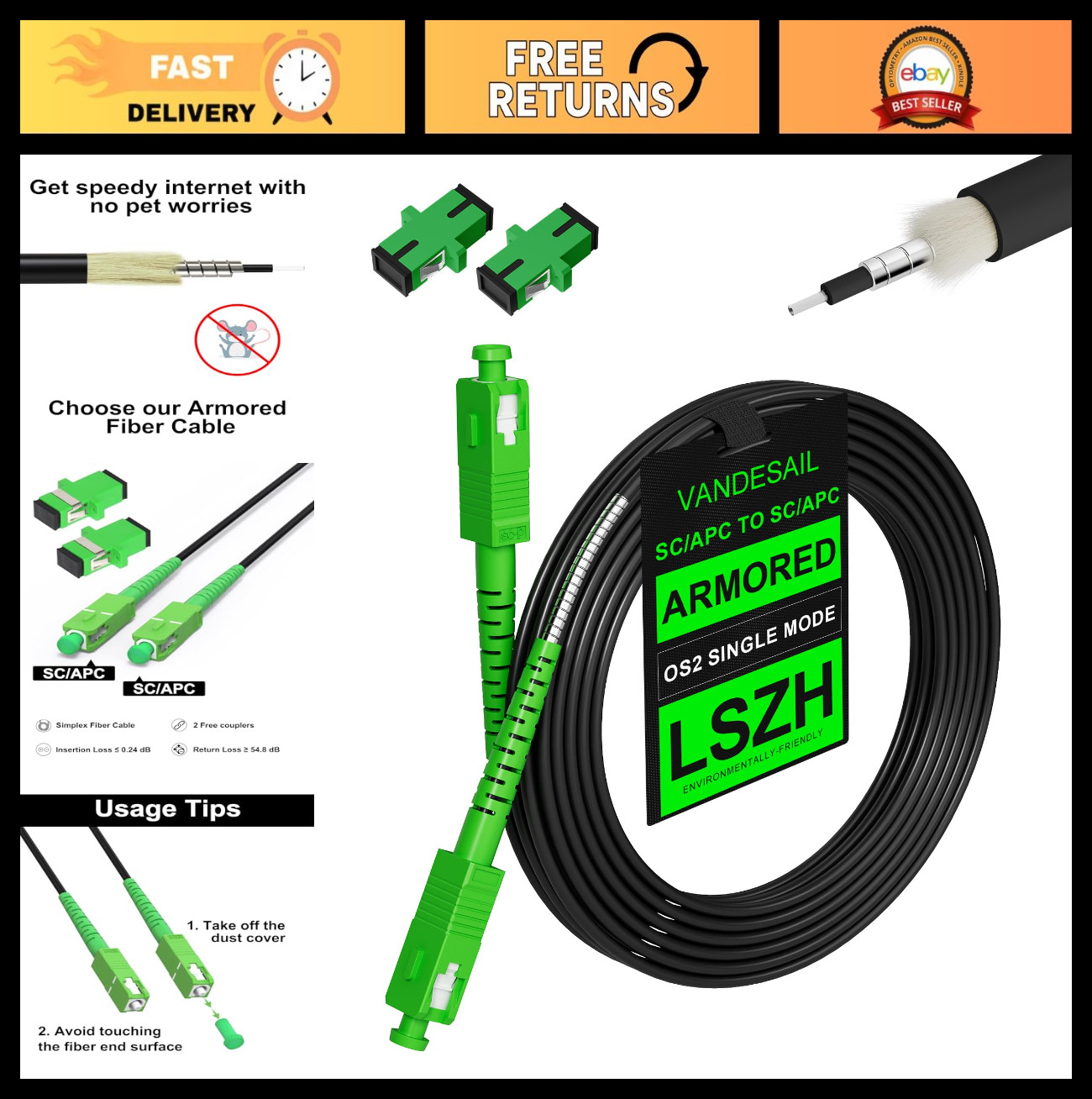 100ft Outdoor Armored Fiber Optic Cable SC/APC 30M OS2 High-Speed Internet