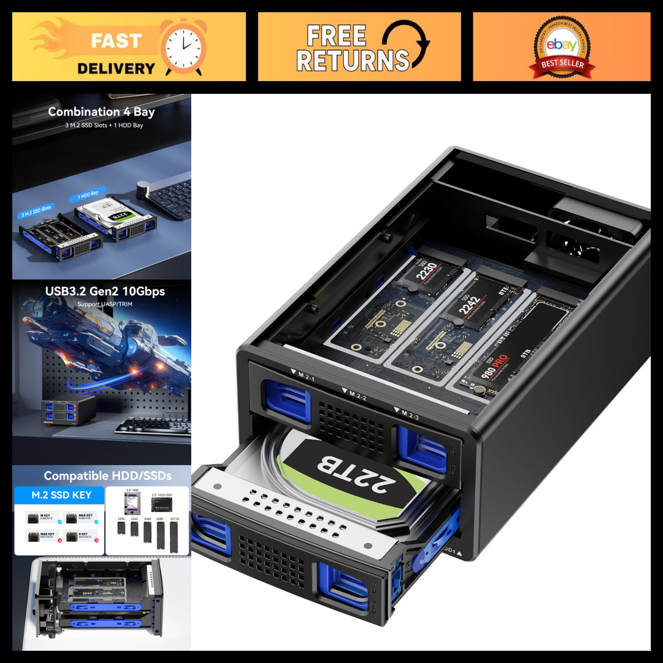 Hybrid SATA HDD/SSD Enclosure 2.5"/3.5" with Cooling Fan & USB 3.2 Gen 2, 22TB S