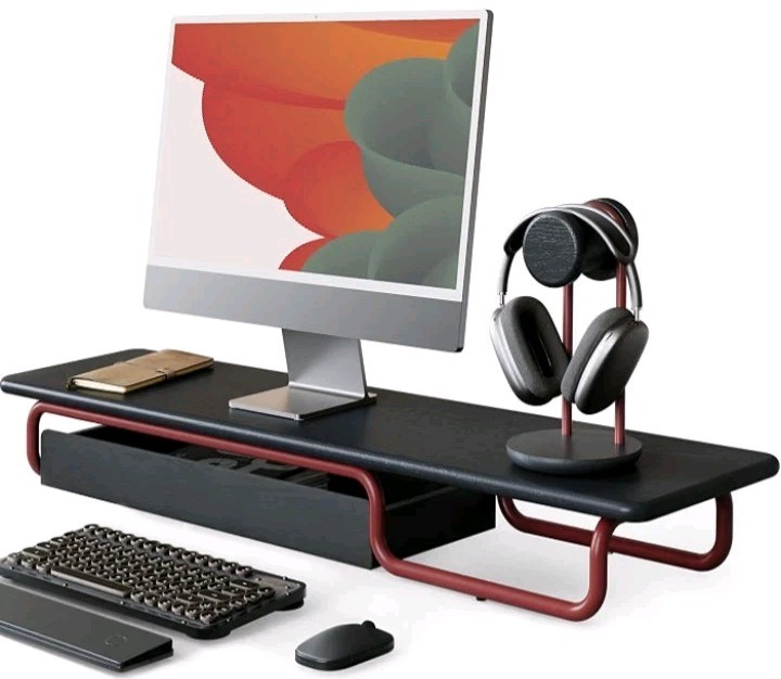 Fenge Solid Wood computer Monitor Stand Riser With Large Drawer Black Desktop 