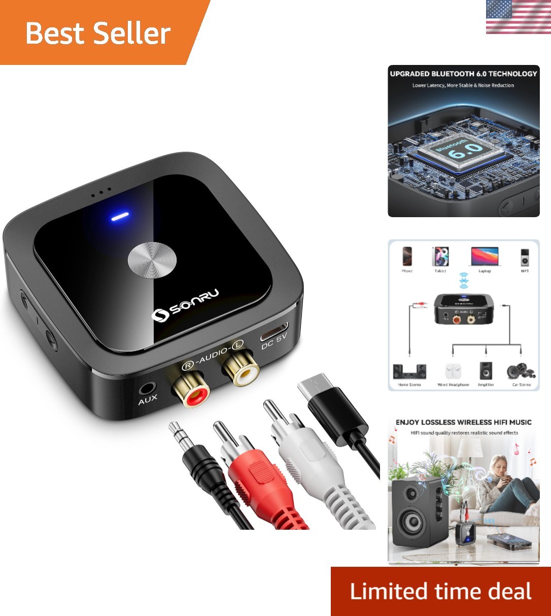 Compact Bluetooth 6.0 Receiver - 3.5mm/RCA Connectivity with Automatic On/Off