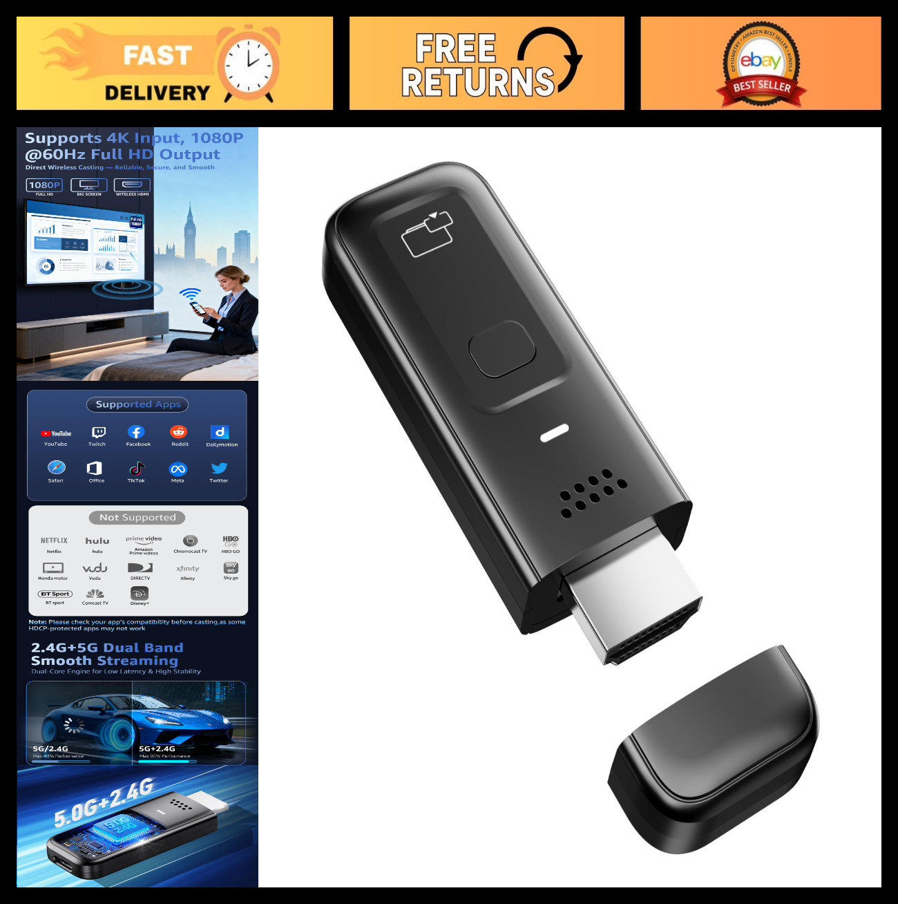 Wireless HDMI Display Dongle Adapter, 4K & 1080P Wireless Casting for TV/Monitor