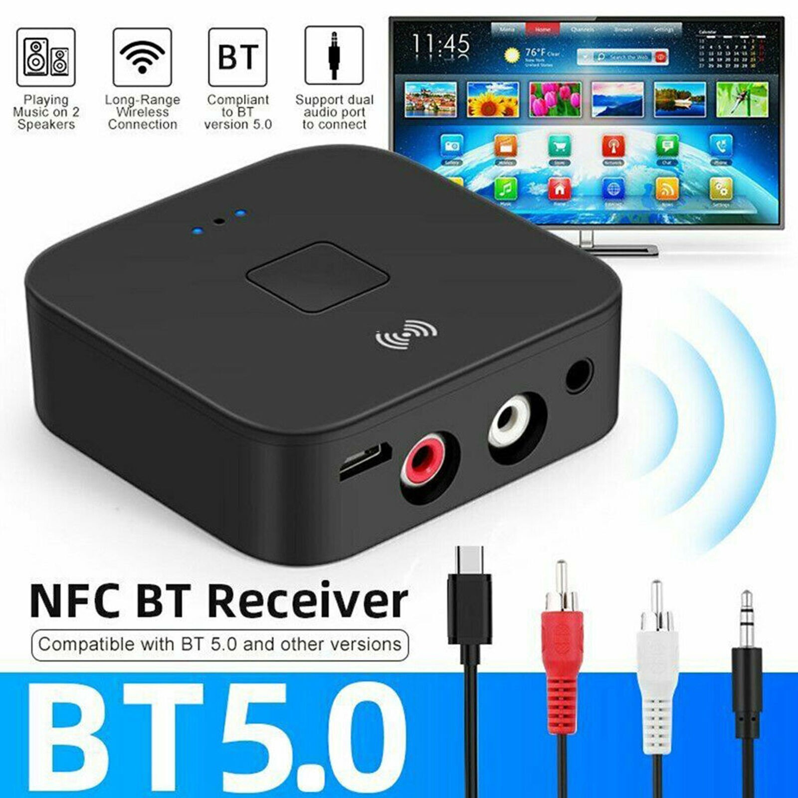 Bluetooth 5.0 Receiver Wireless 3.5mm Jack AUX NFC to 2 RCA Audio Stereo Adapter