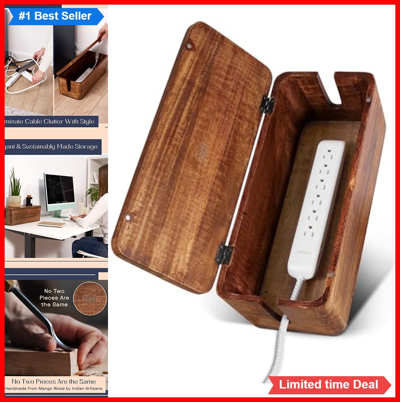 Large Cable Management Box Mango Wood Power Strip Cord Hider Magnetic Lid