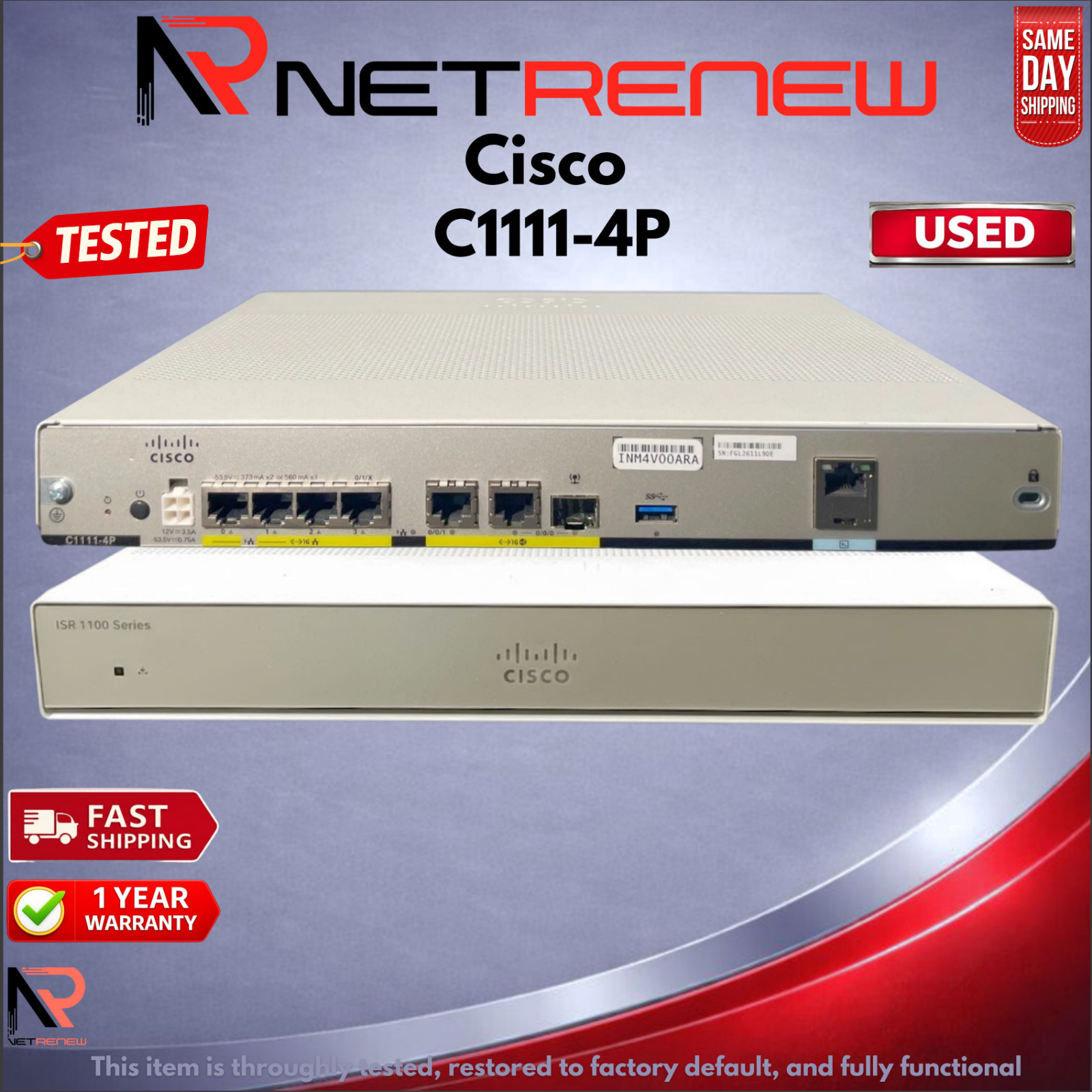 Cisco C1111-4P  Gigabit Wan Ethernet Router 4-Port  w/Power Adapter