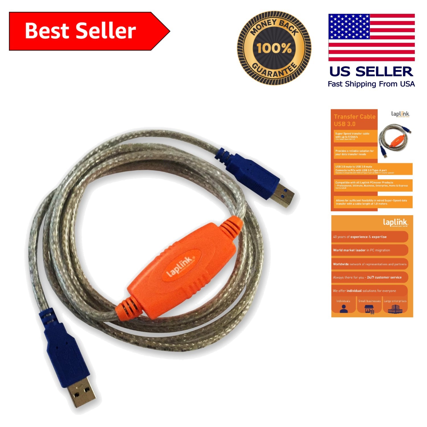 Effortless Data Transfers with 6 ft USB 3.0 Cable - Compatible with PCmover