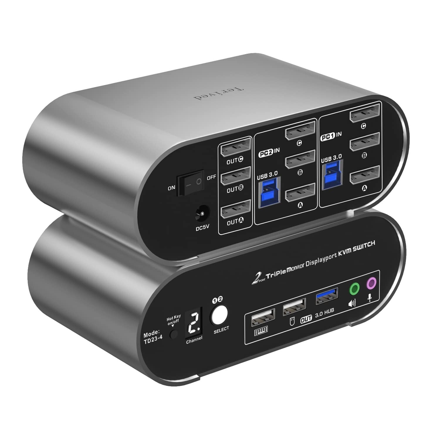 Terived 2 Port Triple Monitor Displayport DP 1.4 KVM Switch 2K 240Hz, 4K 120Hz