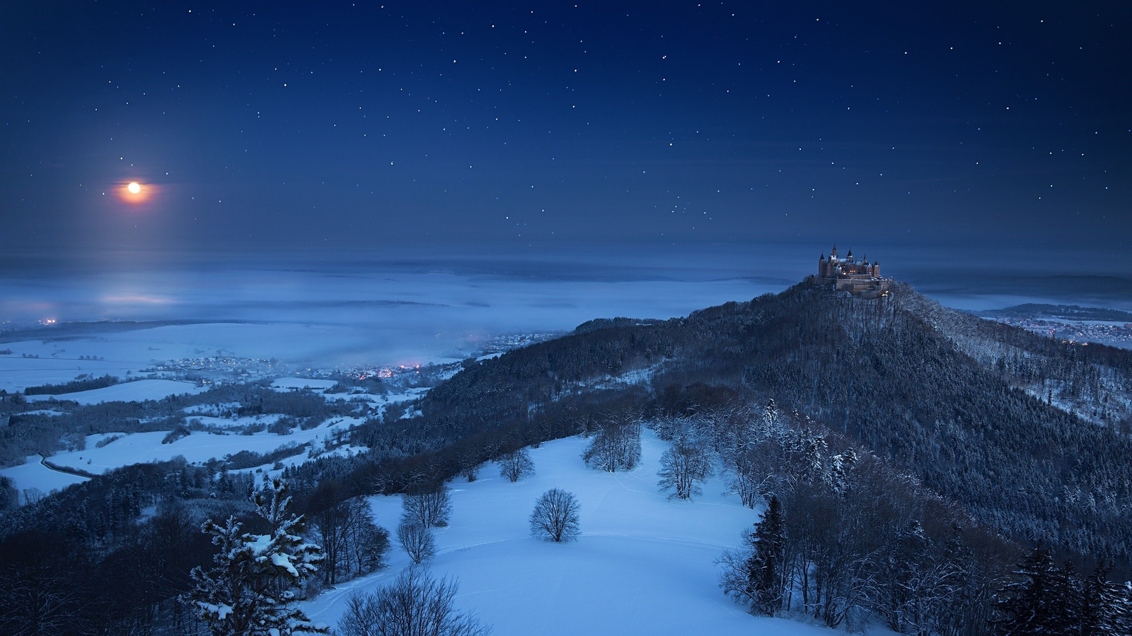 Landscape nature winter castle snow forest moon starry Custom Gaming Mat Desk