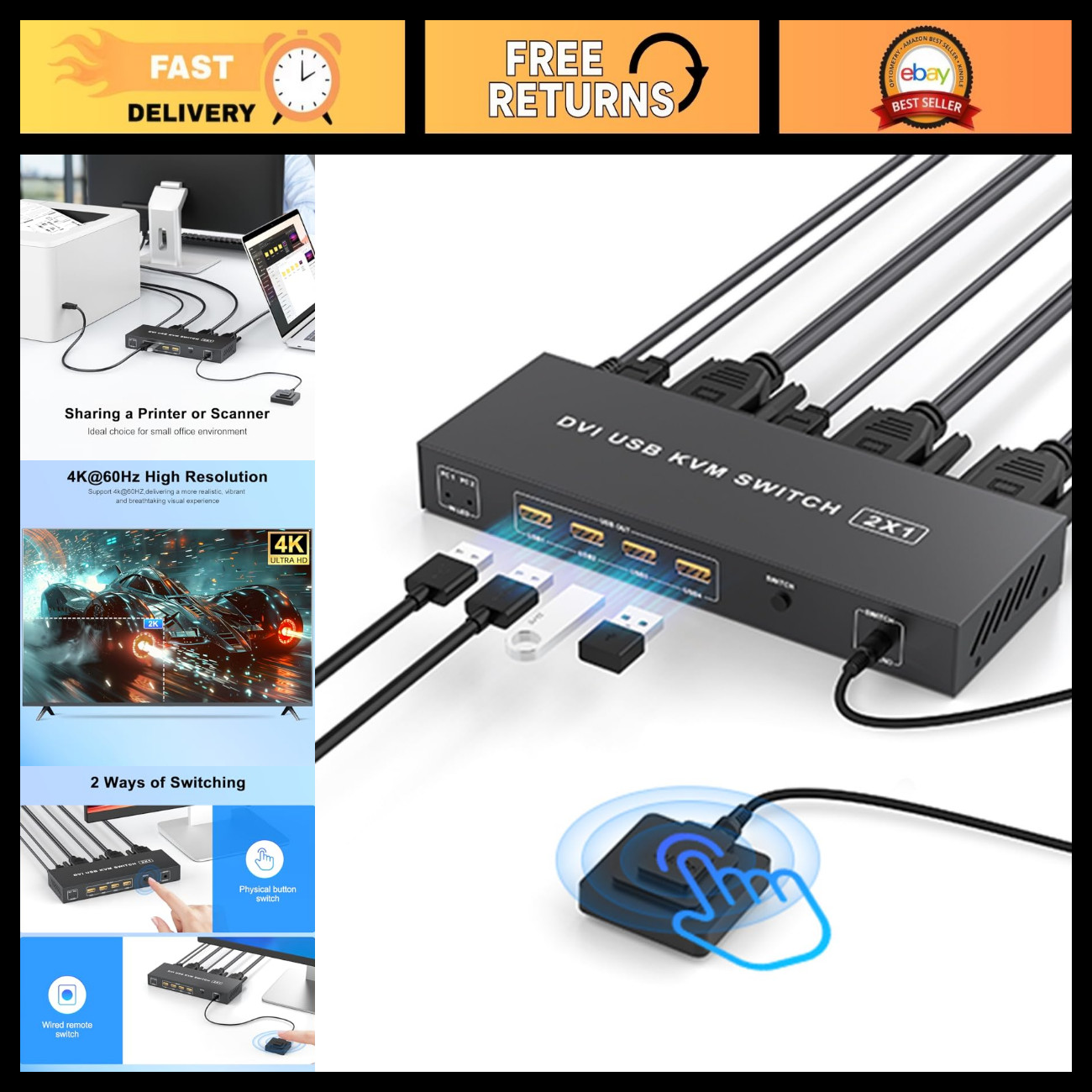 4K DVI KVM Switch for 2 Computers, 1 Monitor - Dual Computer Control, 30Hz
