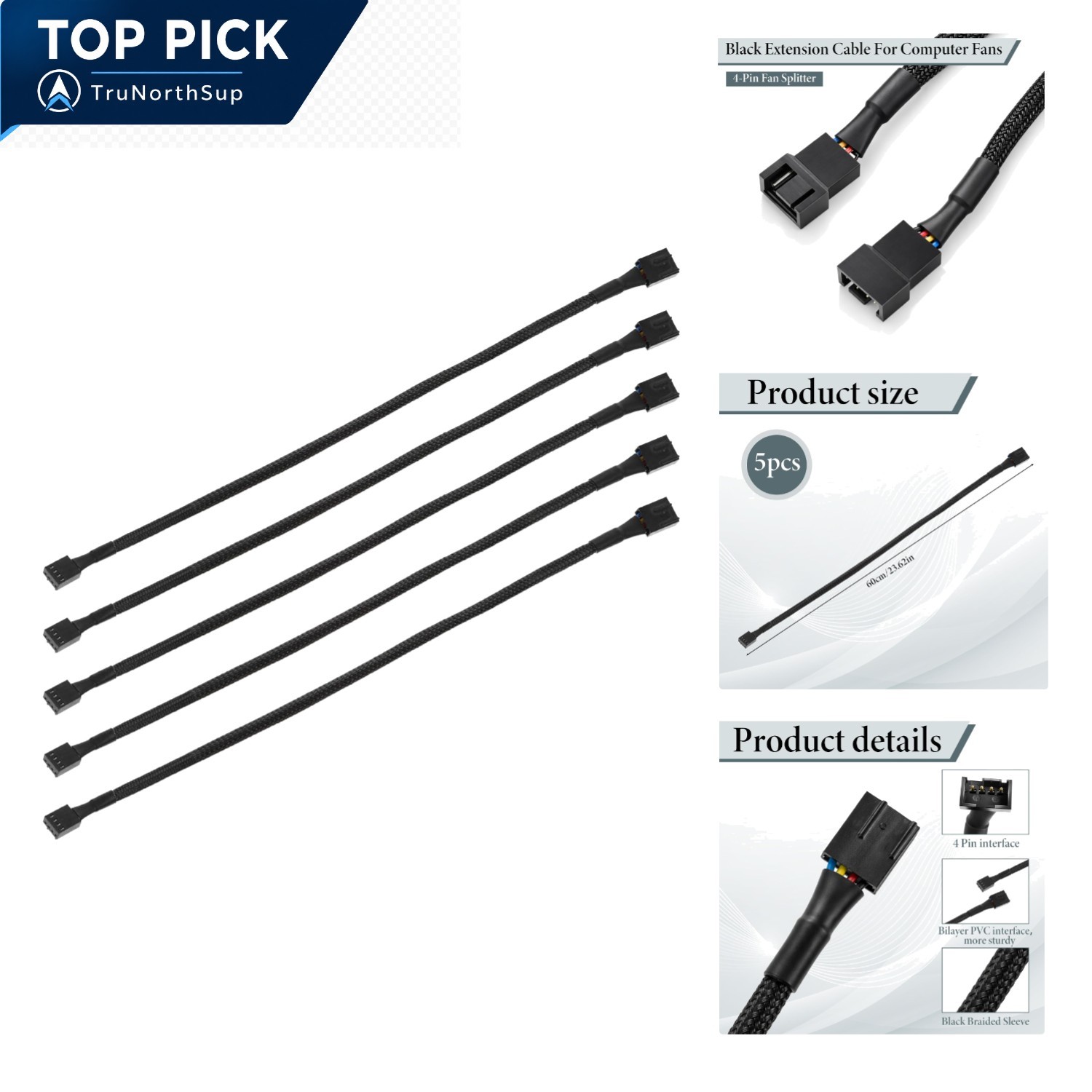 5 Pack 24 Inch 4 Pin PWM Fan Extension Cables for PC Cases and CPU Cooler