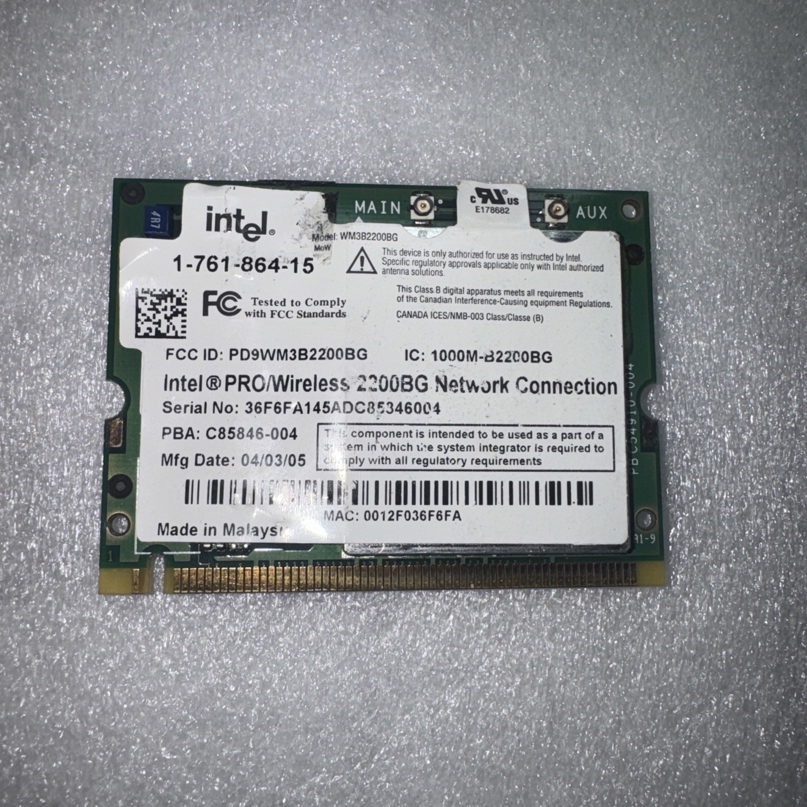 Intel Pro PD9WM3B2200BG 2200BG Wireless Network Connection