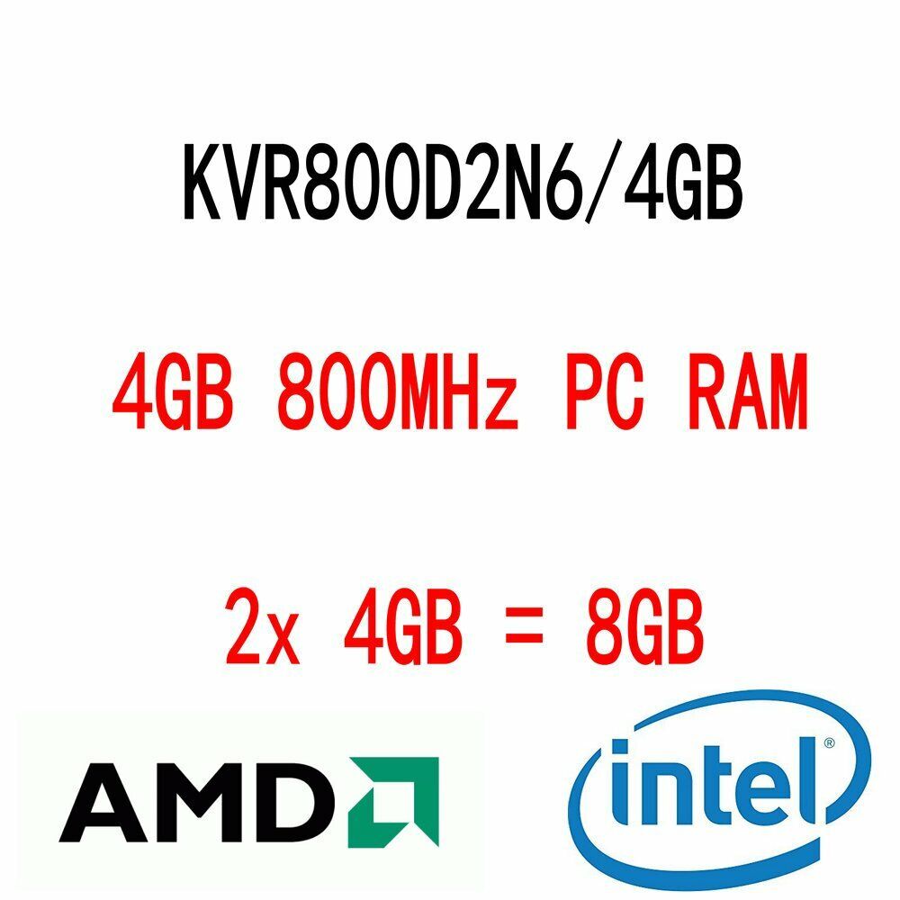 Kingston 8GB 2x 4GB KVR800D2N6/4G DDR2 800MHz PC2-6400U DIMM Desktop Memory RAM