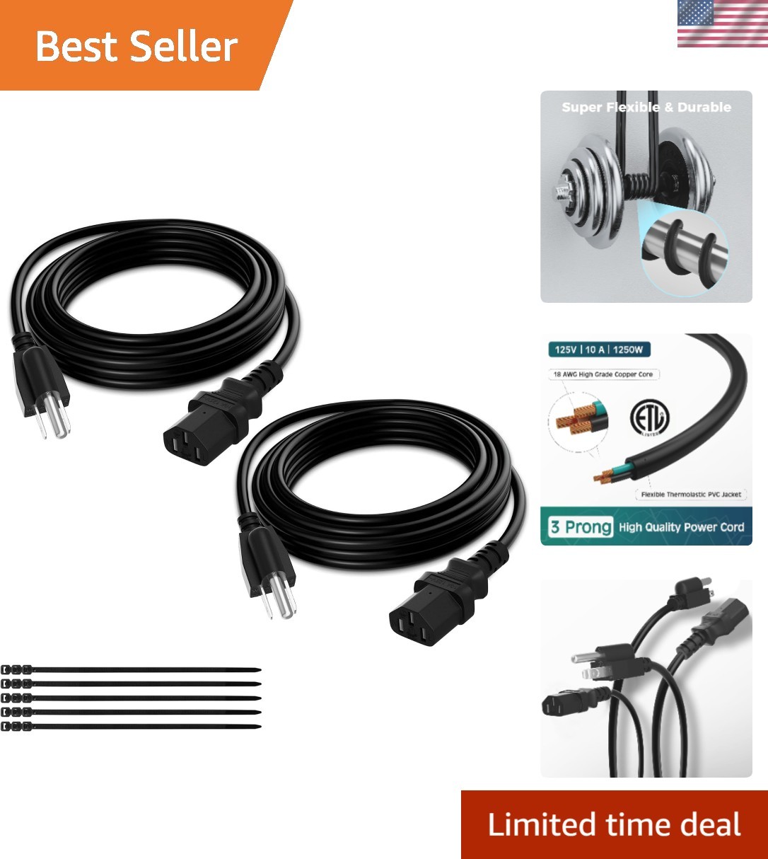 3-Prong Replacement Power Cord 6 Ft/2 Pack, Heatproof Flexible Durable AC Dev...