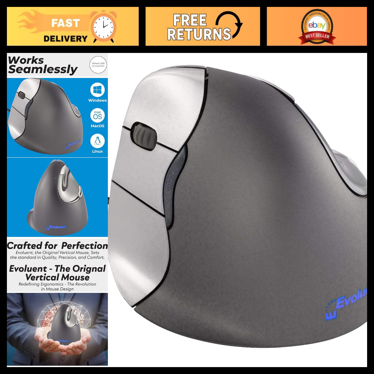 Ergonomic Left-Handed Vertical Mouse - Wired USB, Reduces Wrist Strain, 6 Button
