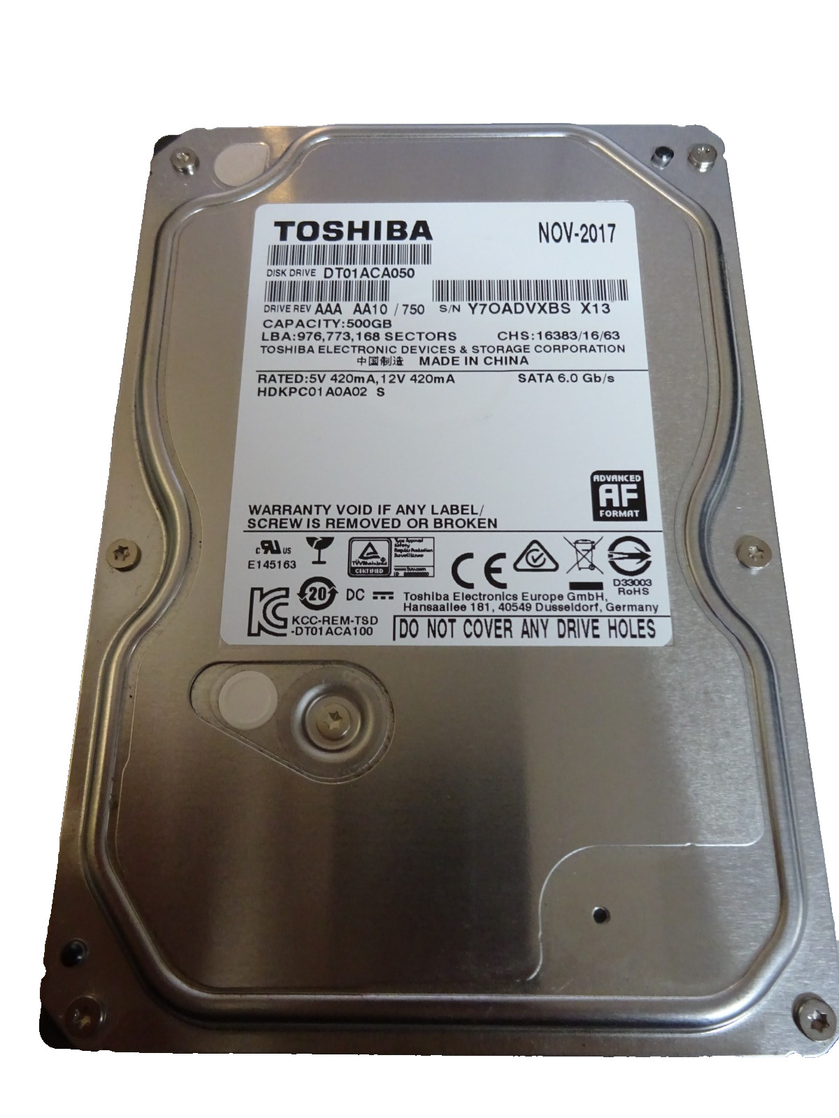 TOSHIBA SATA HARD DRIVE 500GB DT01ACA050 HDKPC01A0A02 S/N:Y70ADVXBS #FP5222