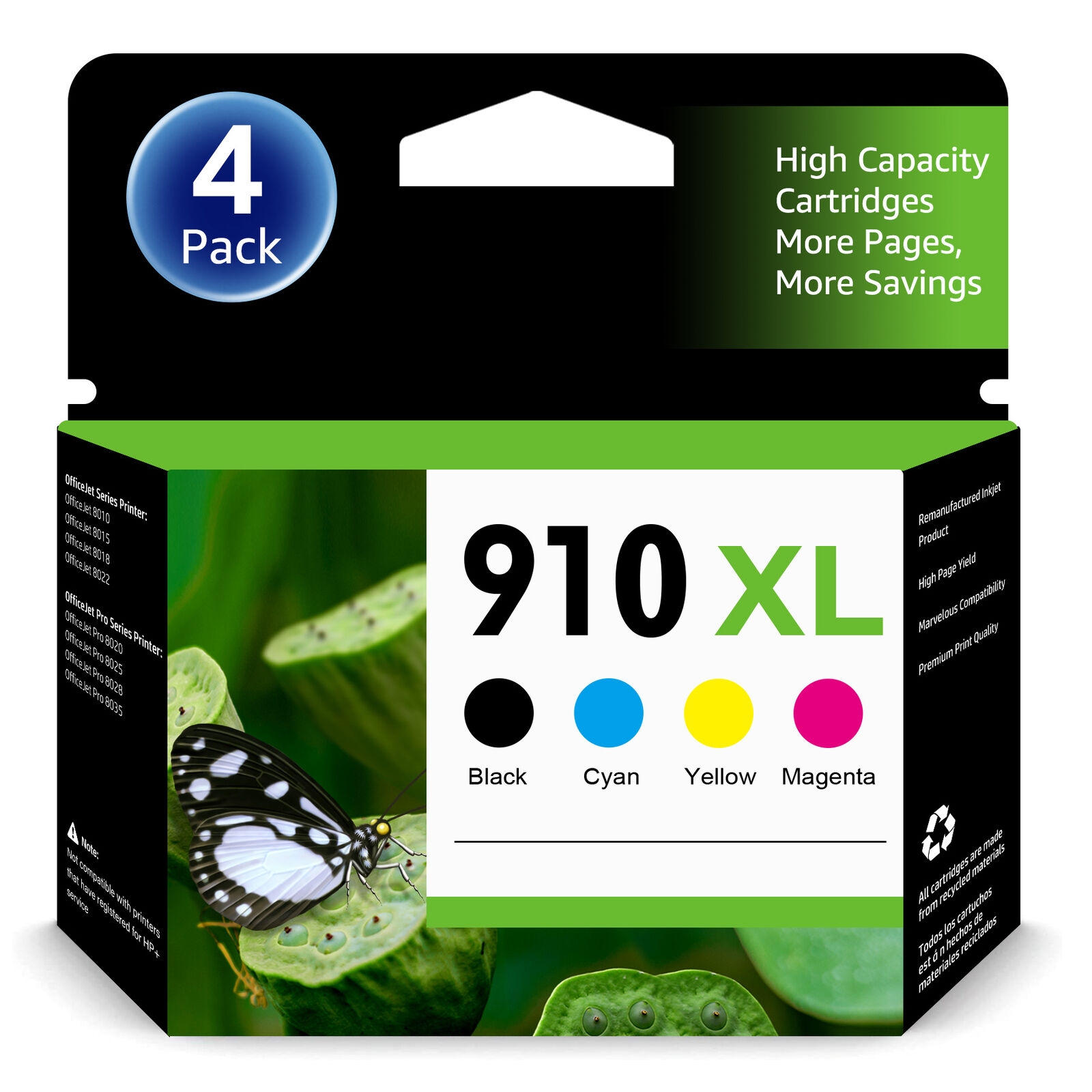 4PCS 910 910XL Ink Cartridges for HP OfficeJet Pro 8010 8020 8021 8022 8035 BCMY