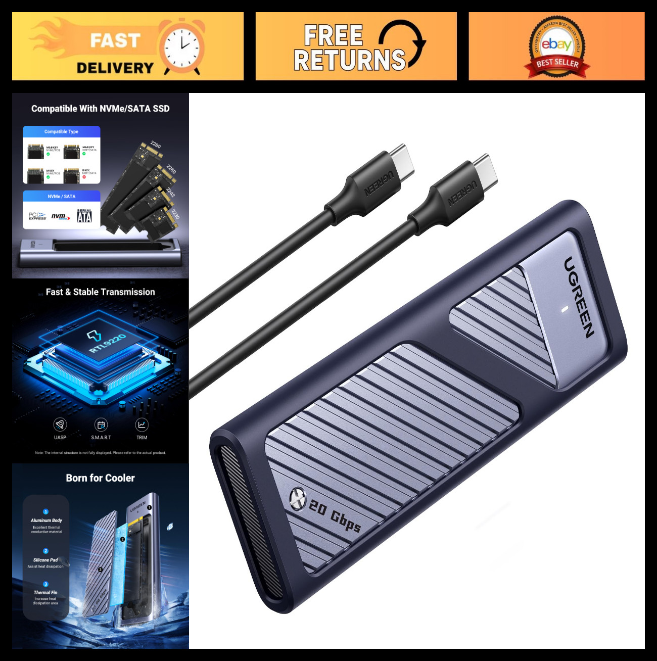 20Gbps M.2 NVMe SATA SSD Enclosure for M/B+M Key Drives - High-Speed Storage Cas