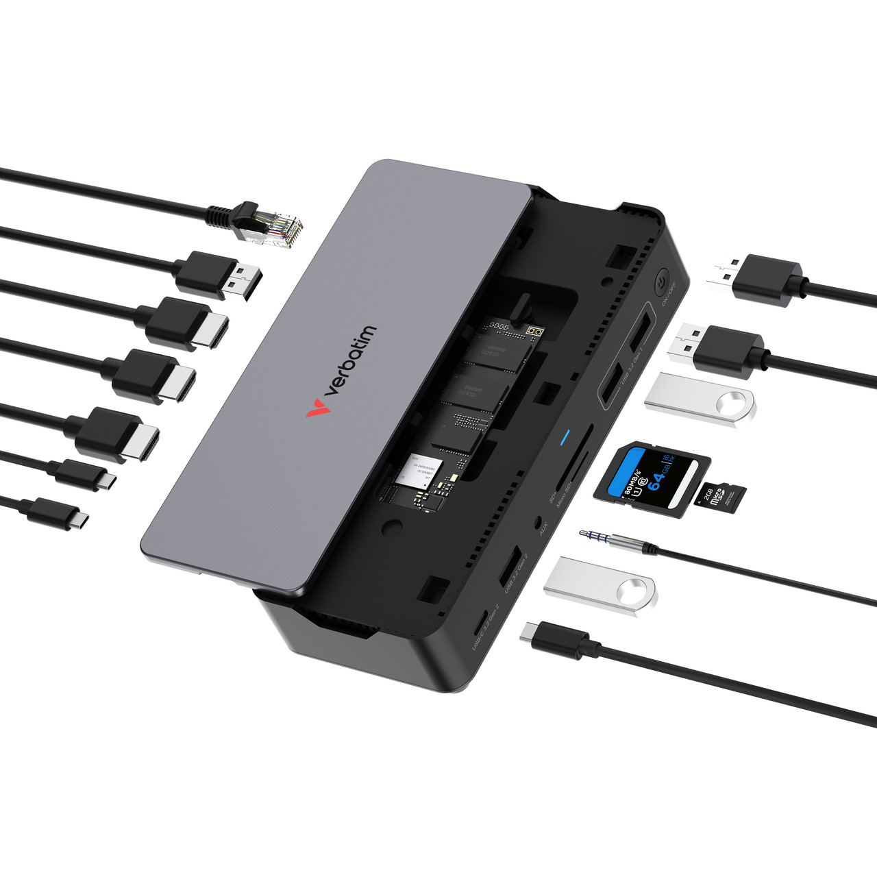 Verbatim USB-C Pro Docking Station 15 Port M.2 NVMe SSD Slot 2x HDMI DP 8K 32173