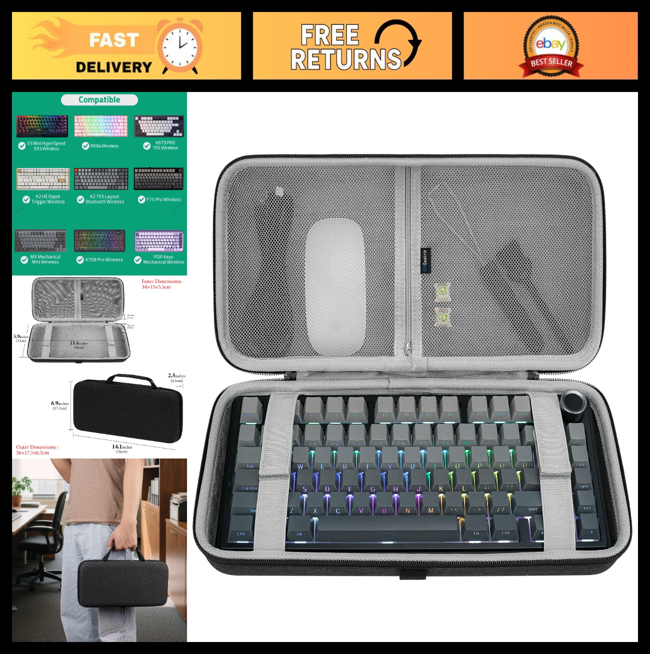 75% Gaming Keyboard Case - Hard Shell Travel Bag for Keychron, Logitech, Aula