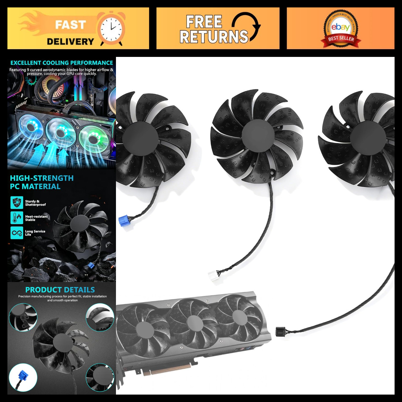 3Pcs GPU Fan Replacement for RTX 3070 3080 Ti XC3 - High Performance Cooling Fan