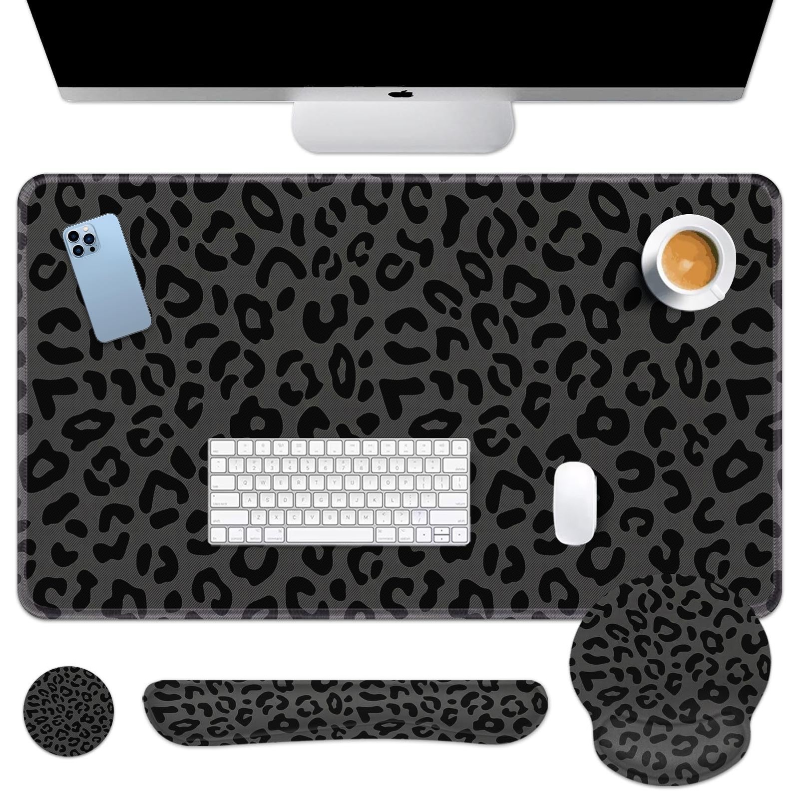 Britimes Keyboard Mouse Pad Set, 4 in 1 Desk Mat Set, Grey Leopard Cheetah | ...